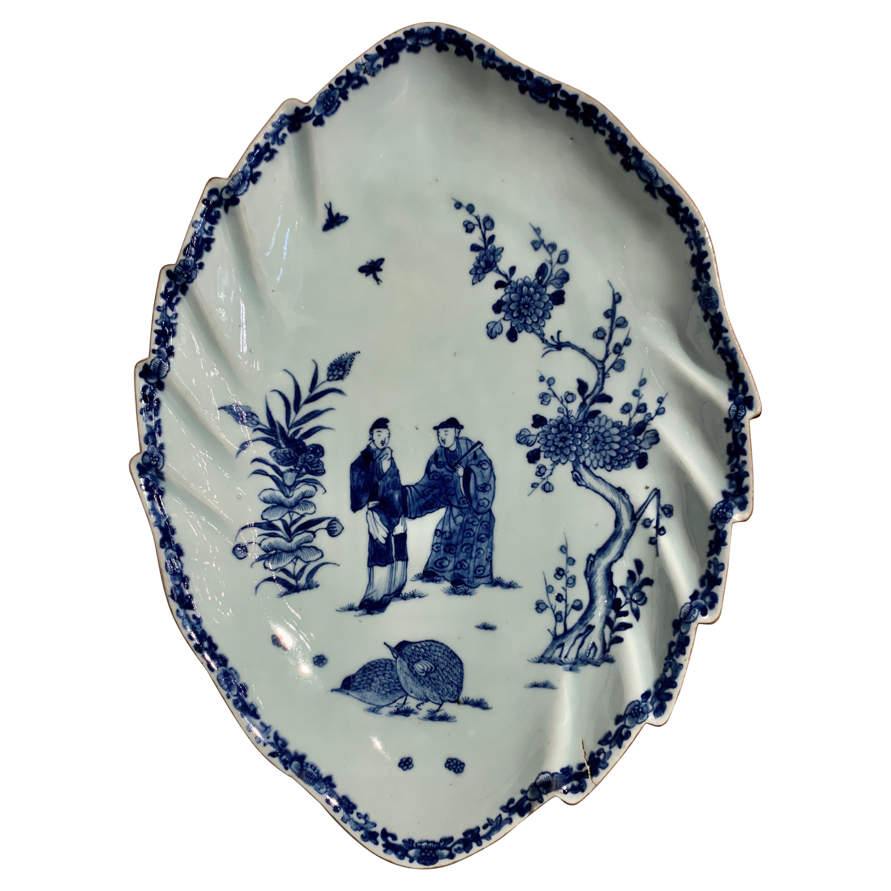 Chinese Export Blue and White Leaf Shaped Dish, Qianlong, Mid 18th Century For Sale