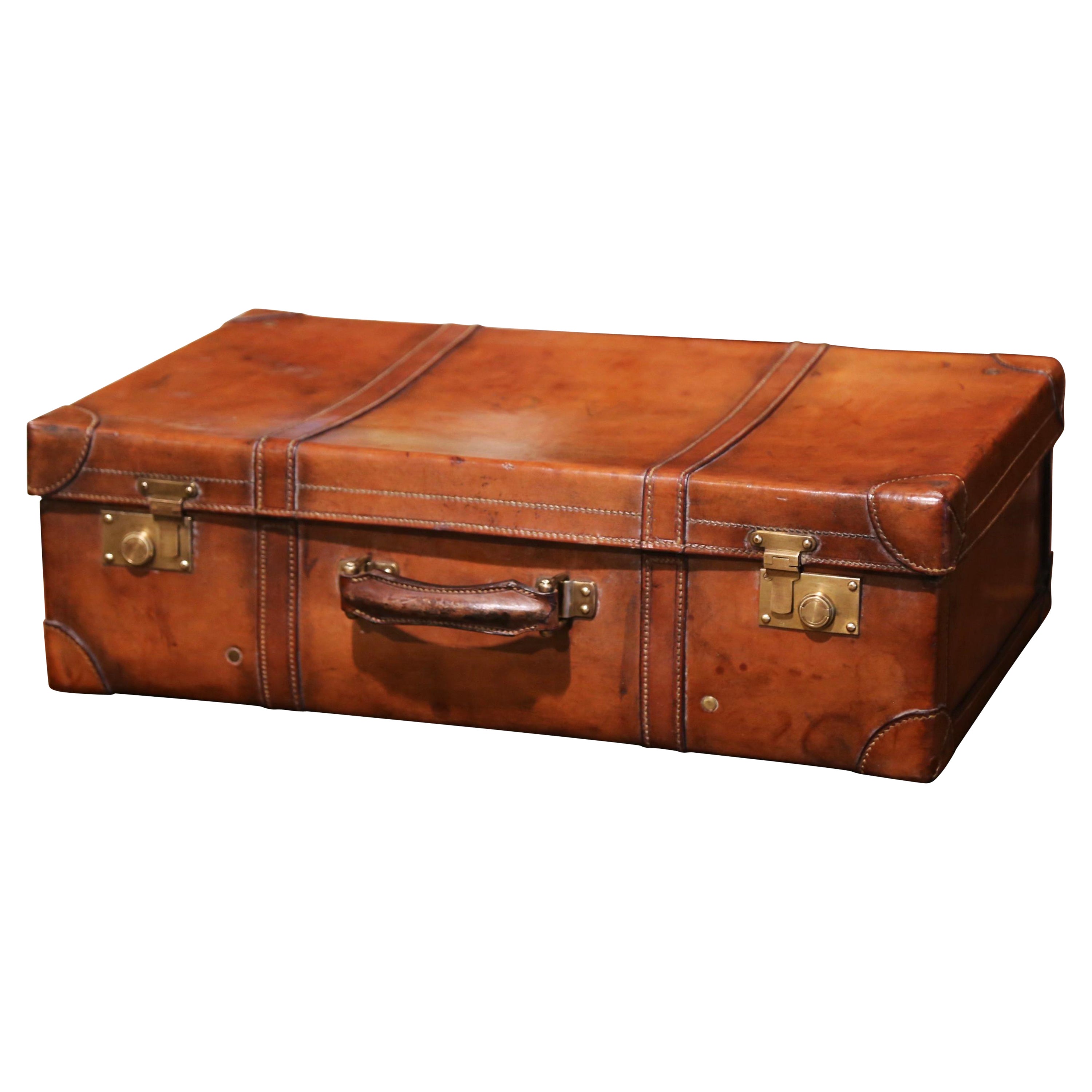 Early 20th Century French Leather Suitcase with Inside Upholstery and Tray