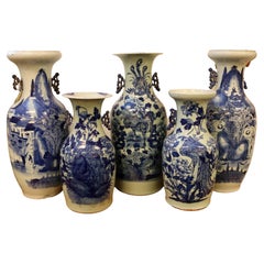 Set of 5 Monumental Tall Hand Painted Asian Blue Temple Jars