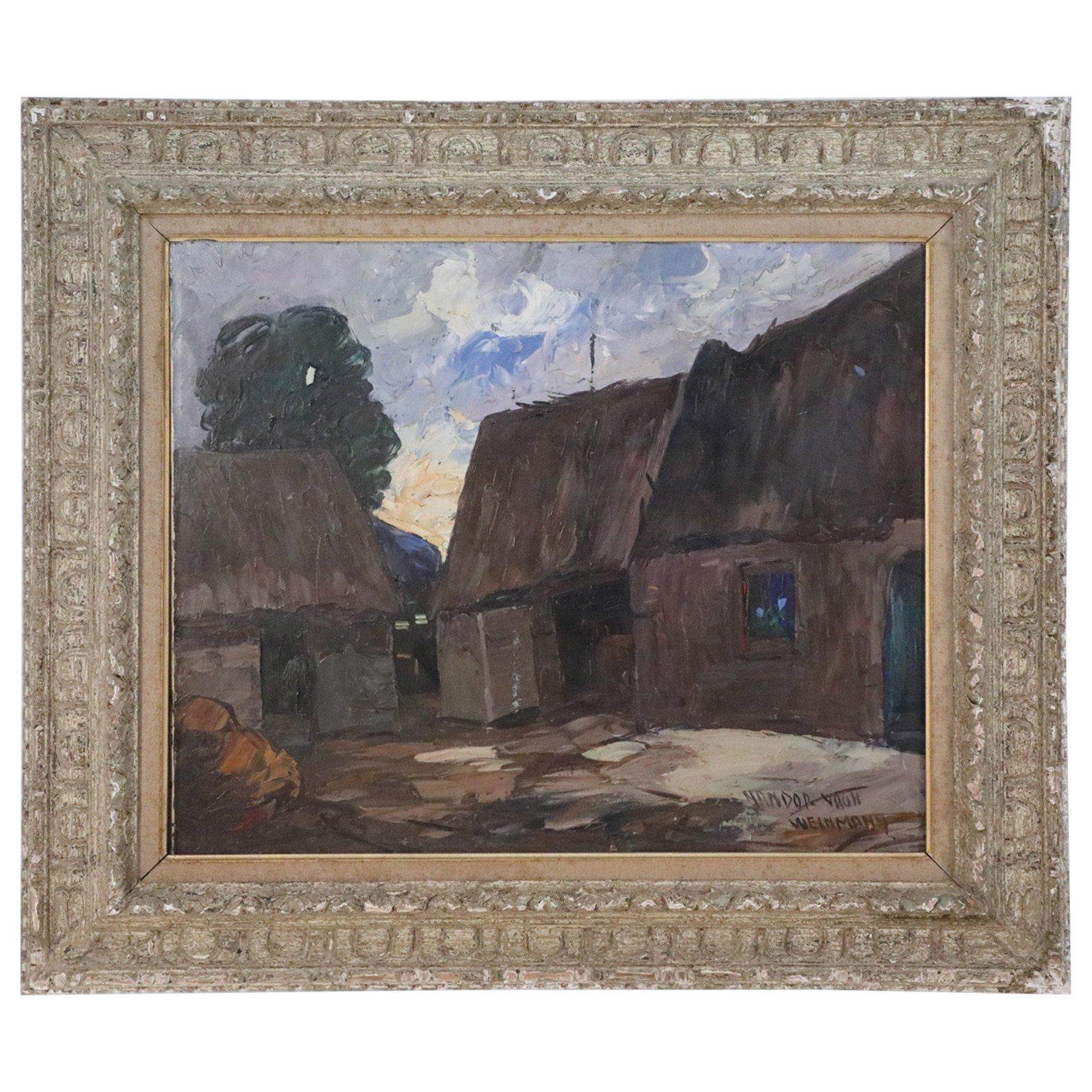Framed Village Houses Oil Painting on Canvas For Sale