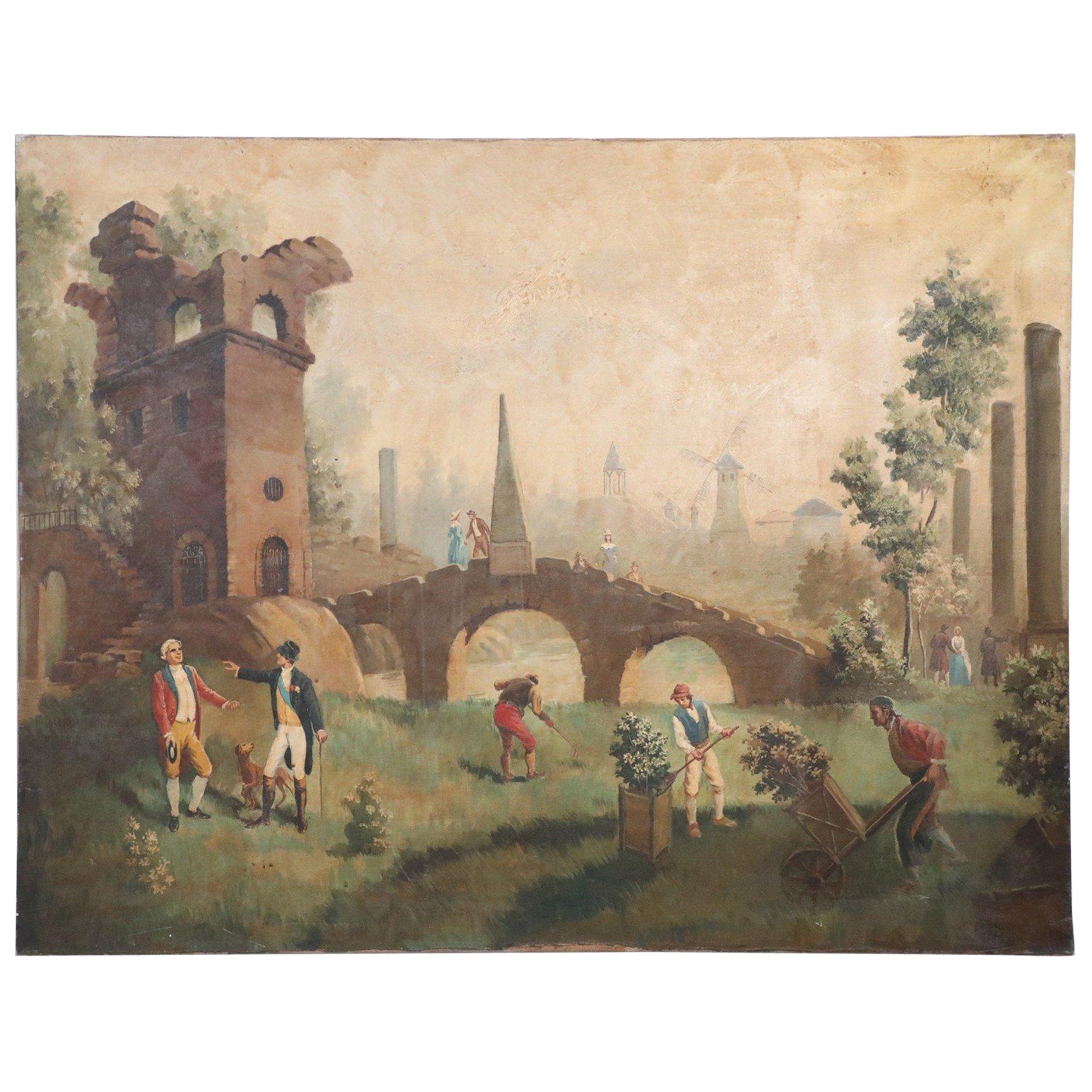 Gardeners Among the Ruins Oil Painting on Canvas For Sale