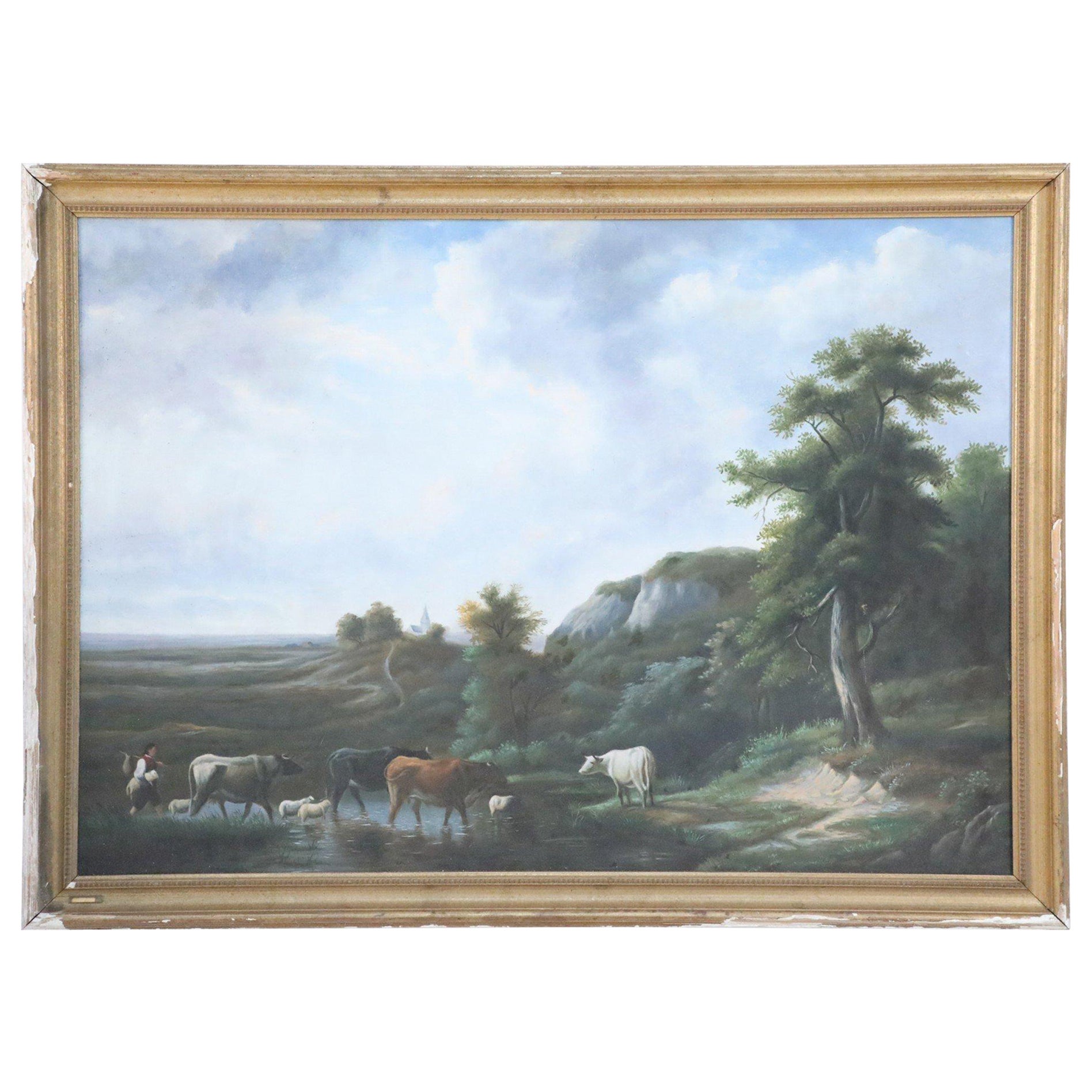 Peinture à l'huile de paysage Herder and Cattle encadrée en vente