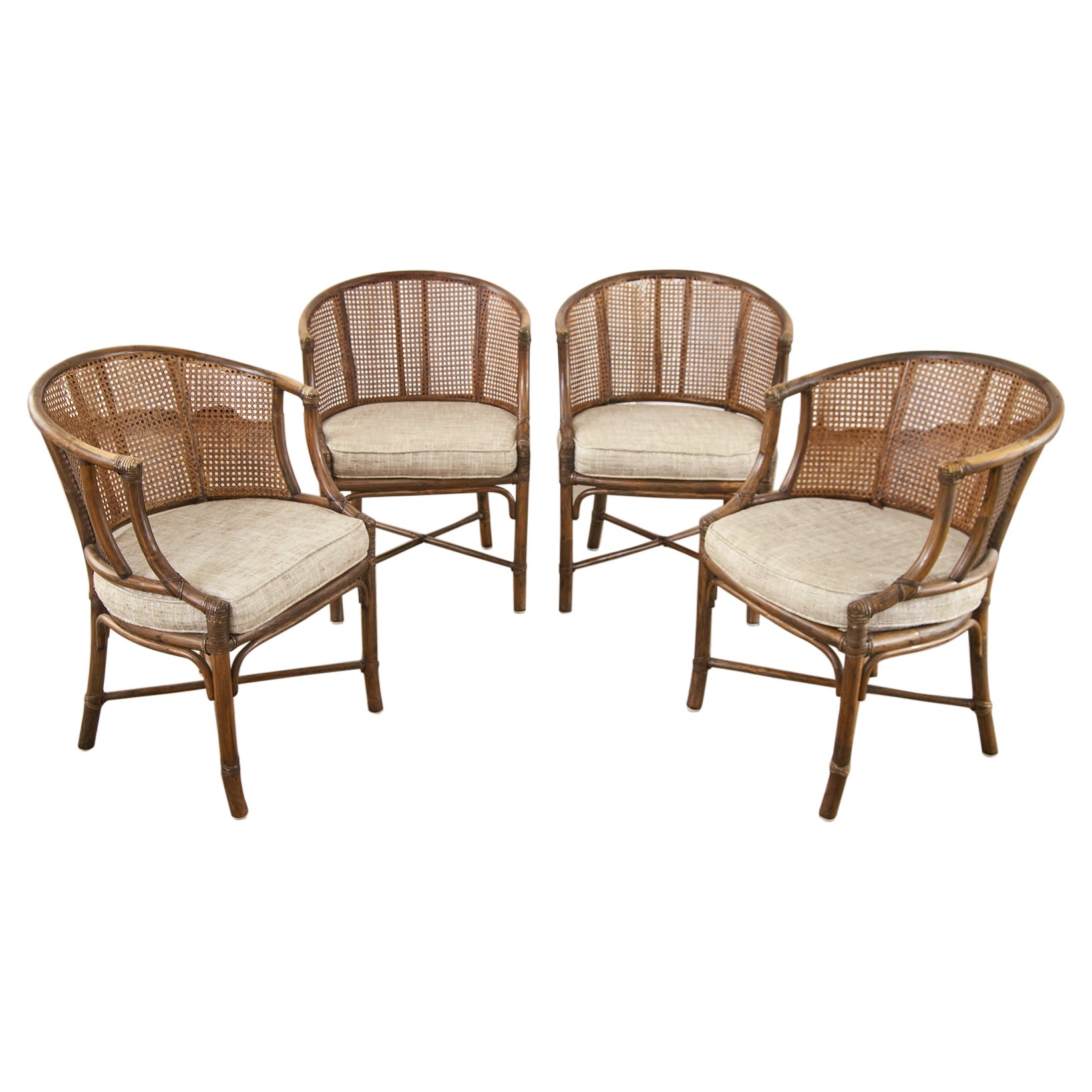 Set of Four McGuire Rattan Caned Barrel Dining Chairs