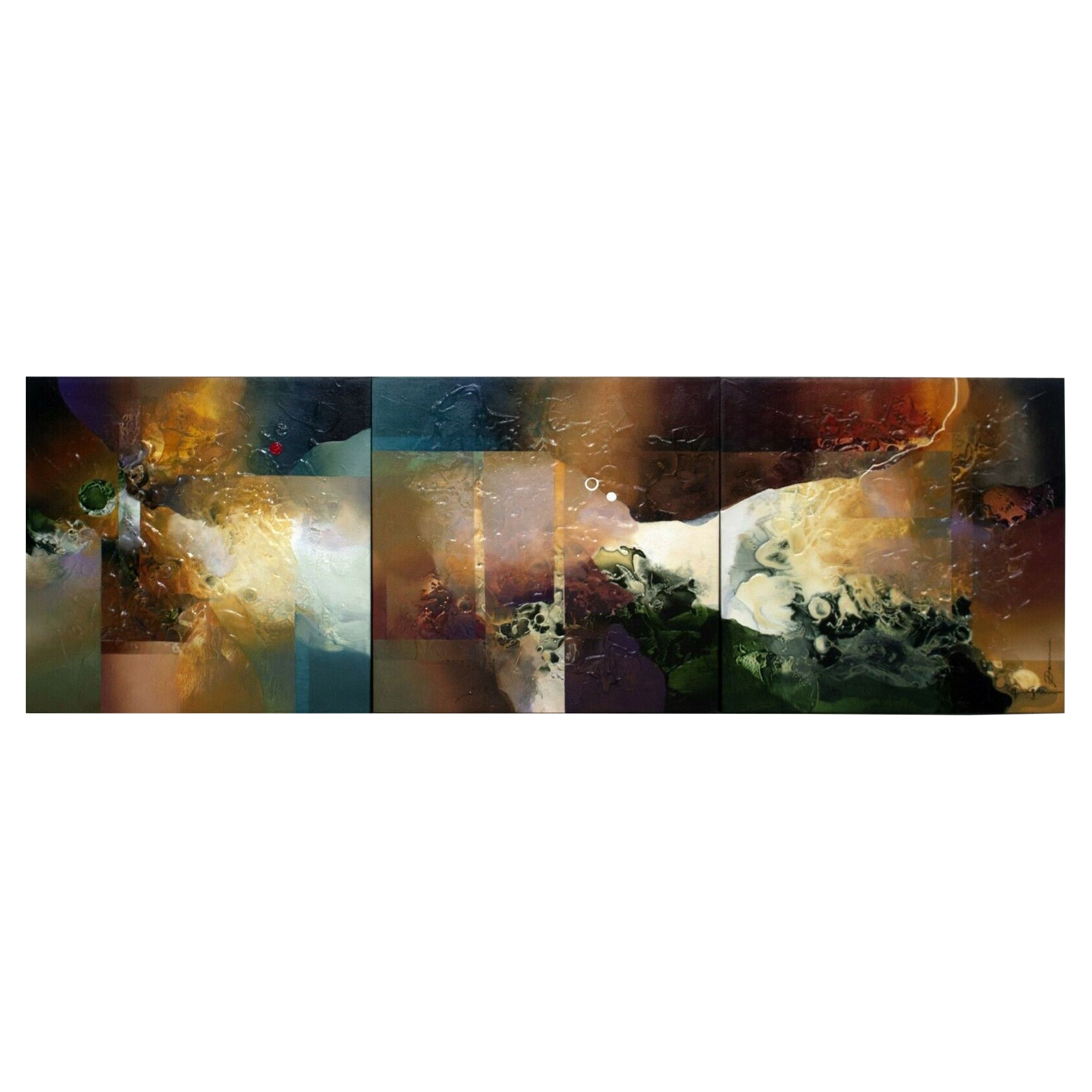Pan Qi-Qun Triptych Abstract Acrylic on Canvas Stretched