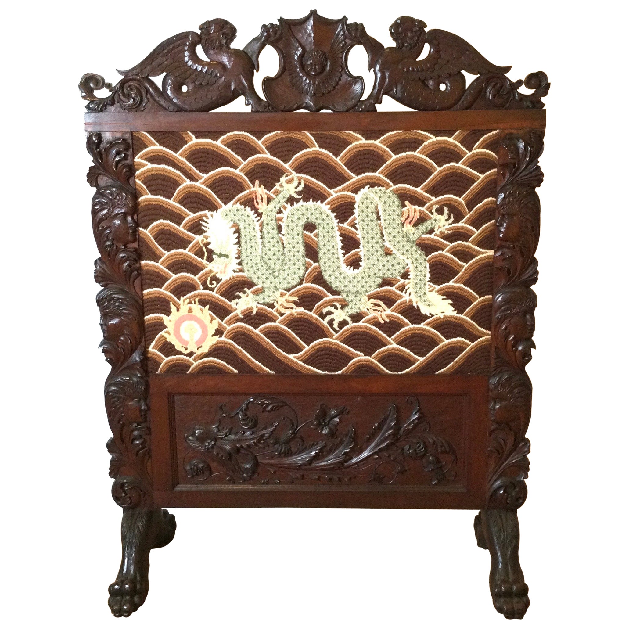 Late 19th Century Hand Carved Fire Screen with Needlepoint Dragon Motif For Sale