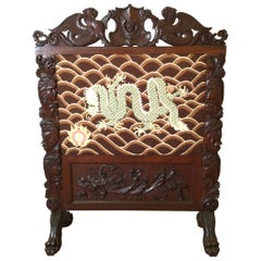 Late 19th Century Hand Carved Fire Screen with Needlepoint Dragon Motif