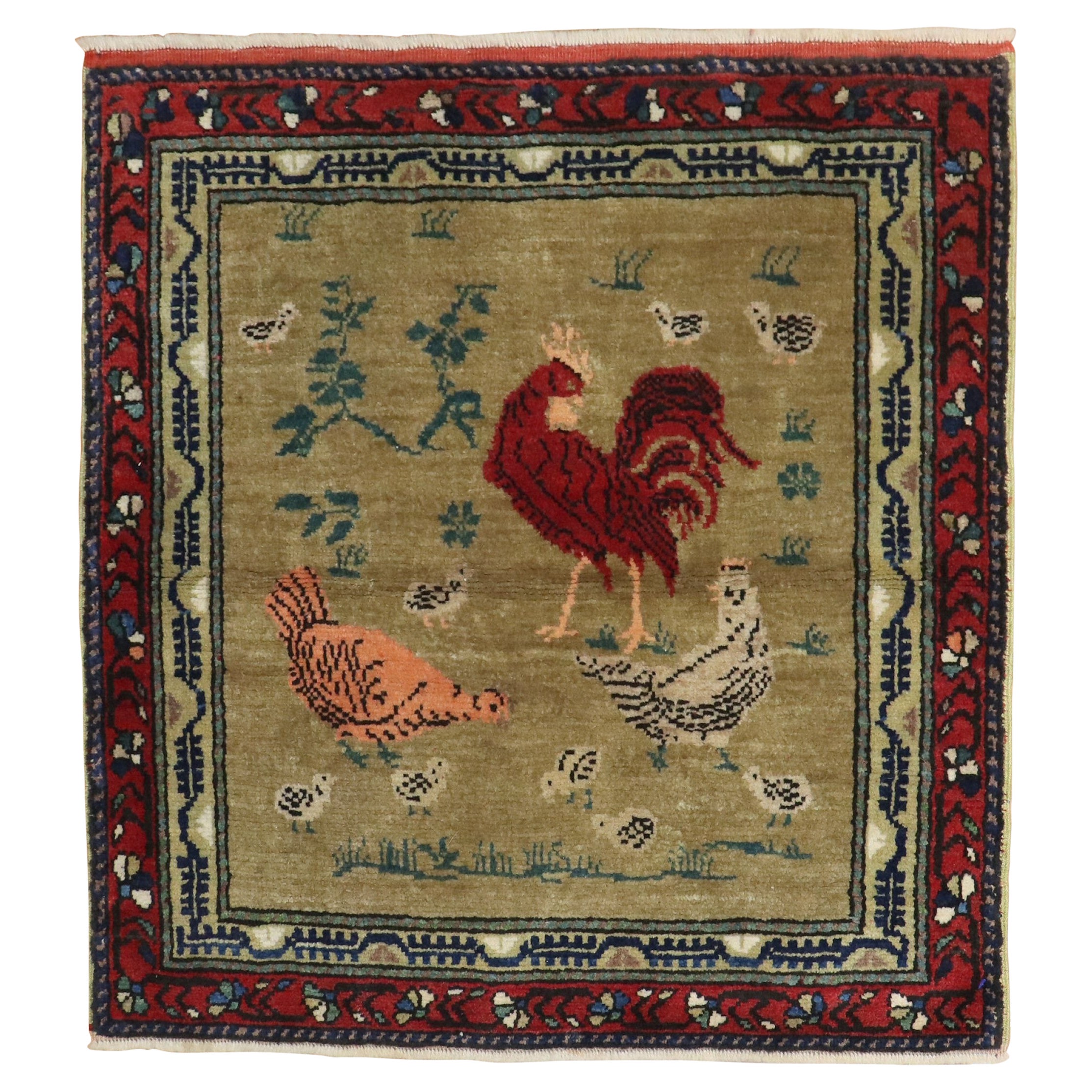 Chicken Rooster Vintage Turkish Square Rug For Sale