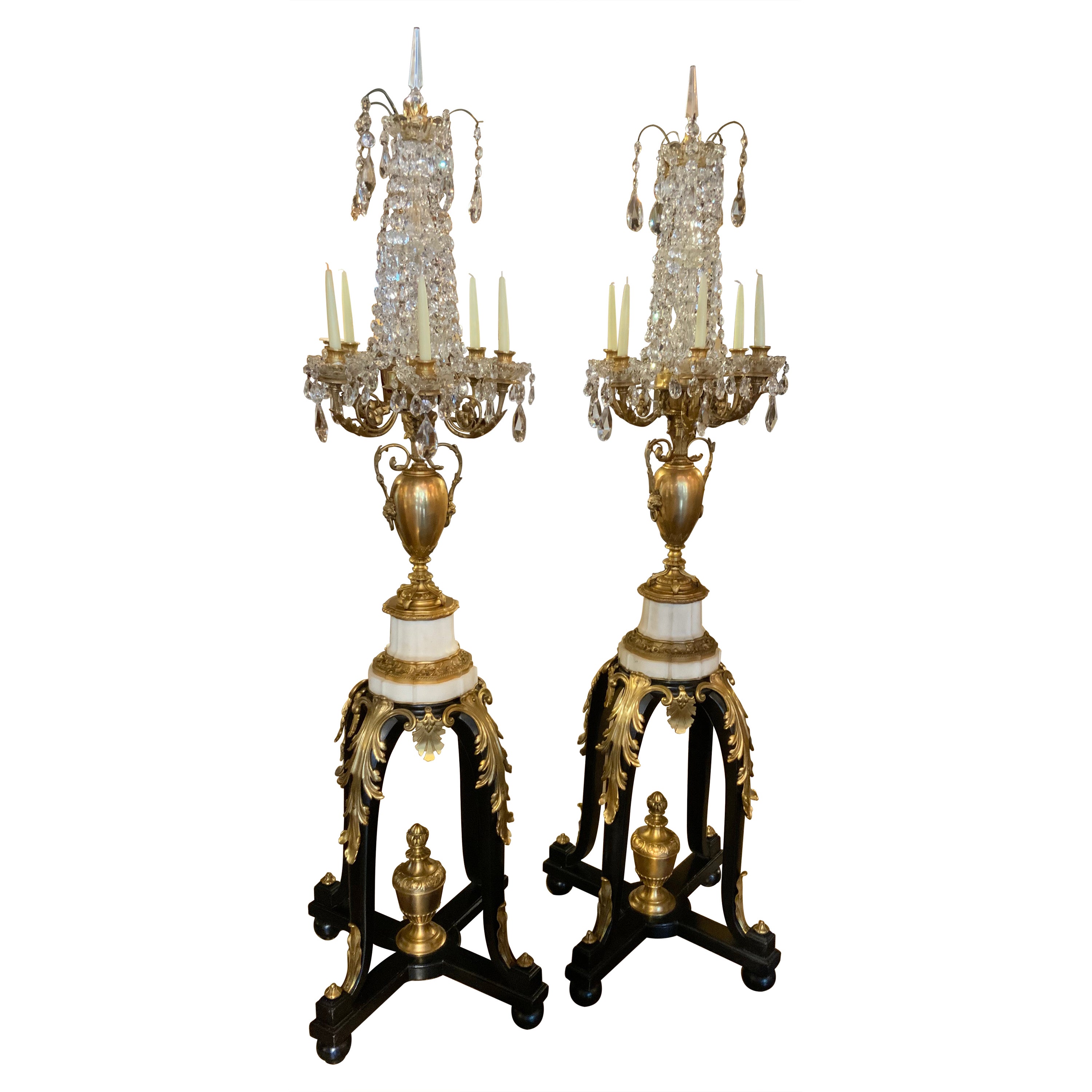 Pair of French 19th C. Torchiers, Gilt Bronze Marble and Crystal