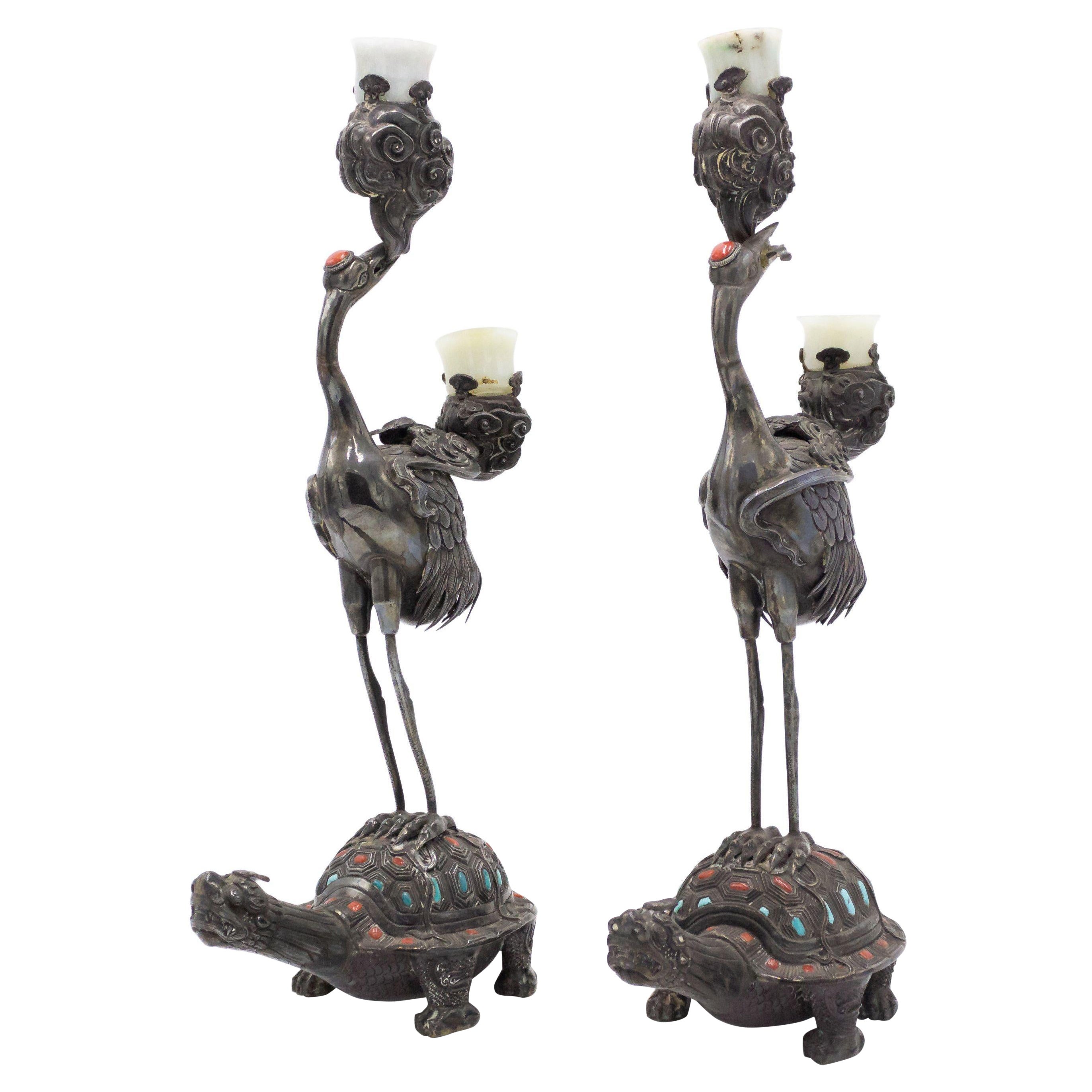 Pair of Chinese Style Silver Heron and Turtle Candelabras For Sale