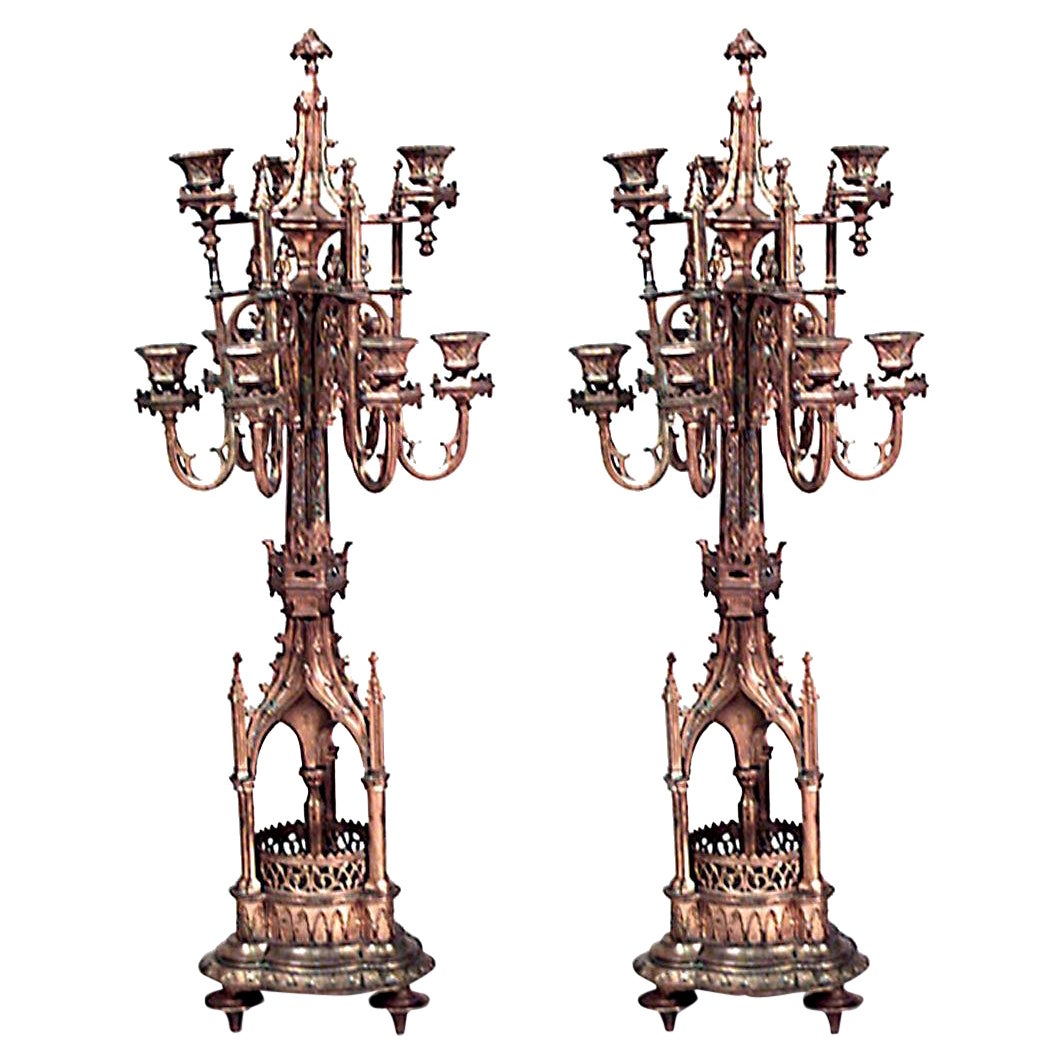 Pair of English Gothic Revival Gilt Bronze Candelabras