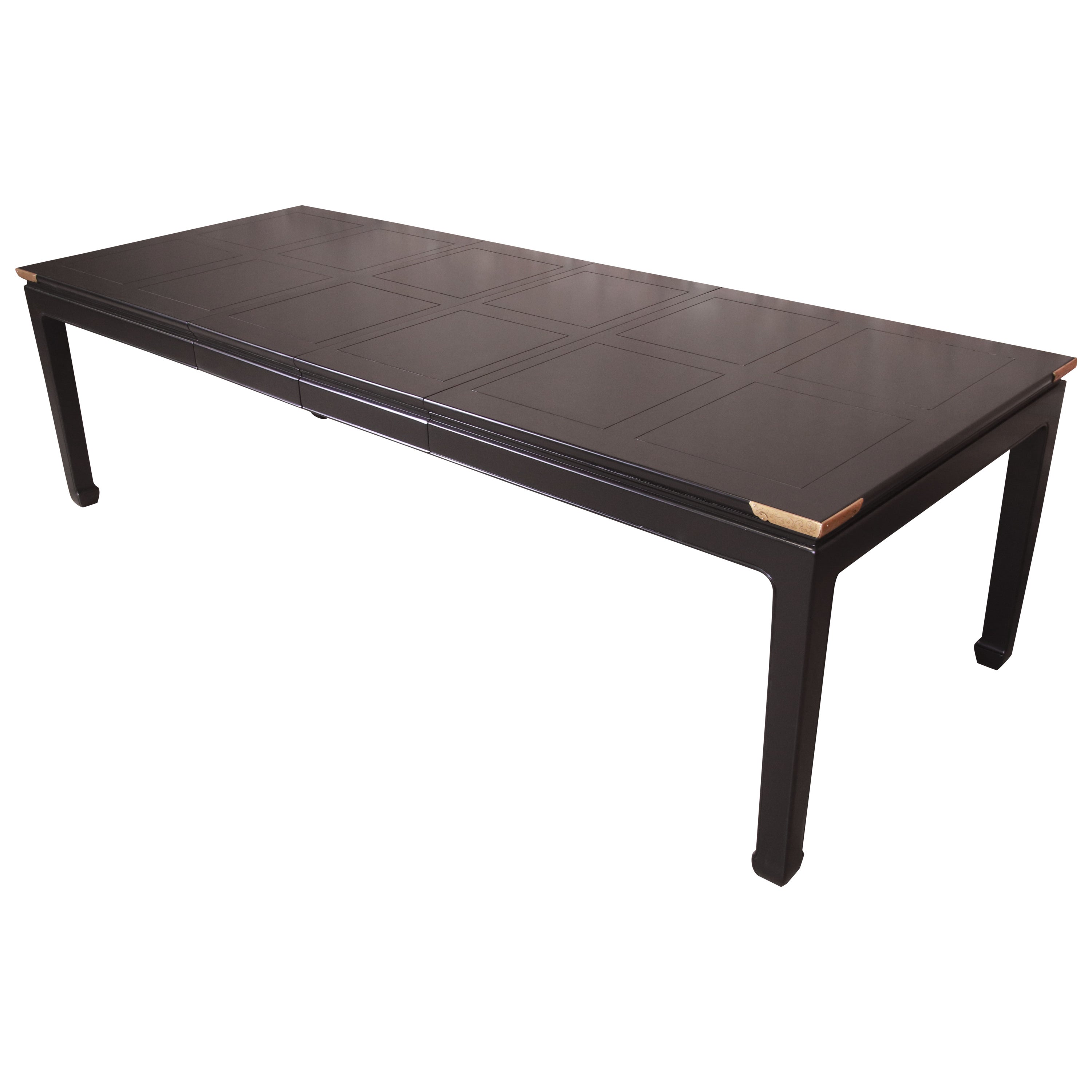 Henredon Hollywood Regency Black Lacquer and Brass Dining Table, Refinished