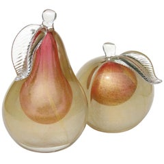 Barbini Murano Sommerso Pink Gold Leaf Italian Art Glass Apple Pear Bookends