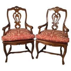 Pair of Hand Carved Walnut Italian Provincial Arm Chairs, Circa 1900
