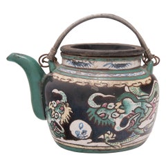 Vintage Chinese Enamelware Teapot with Twin Dragons, c. 1900