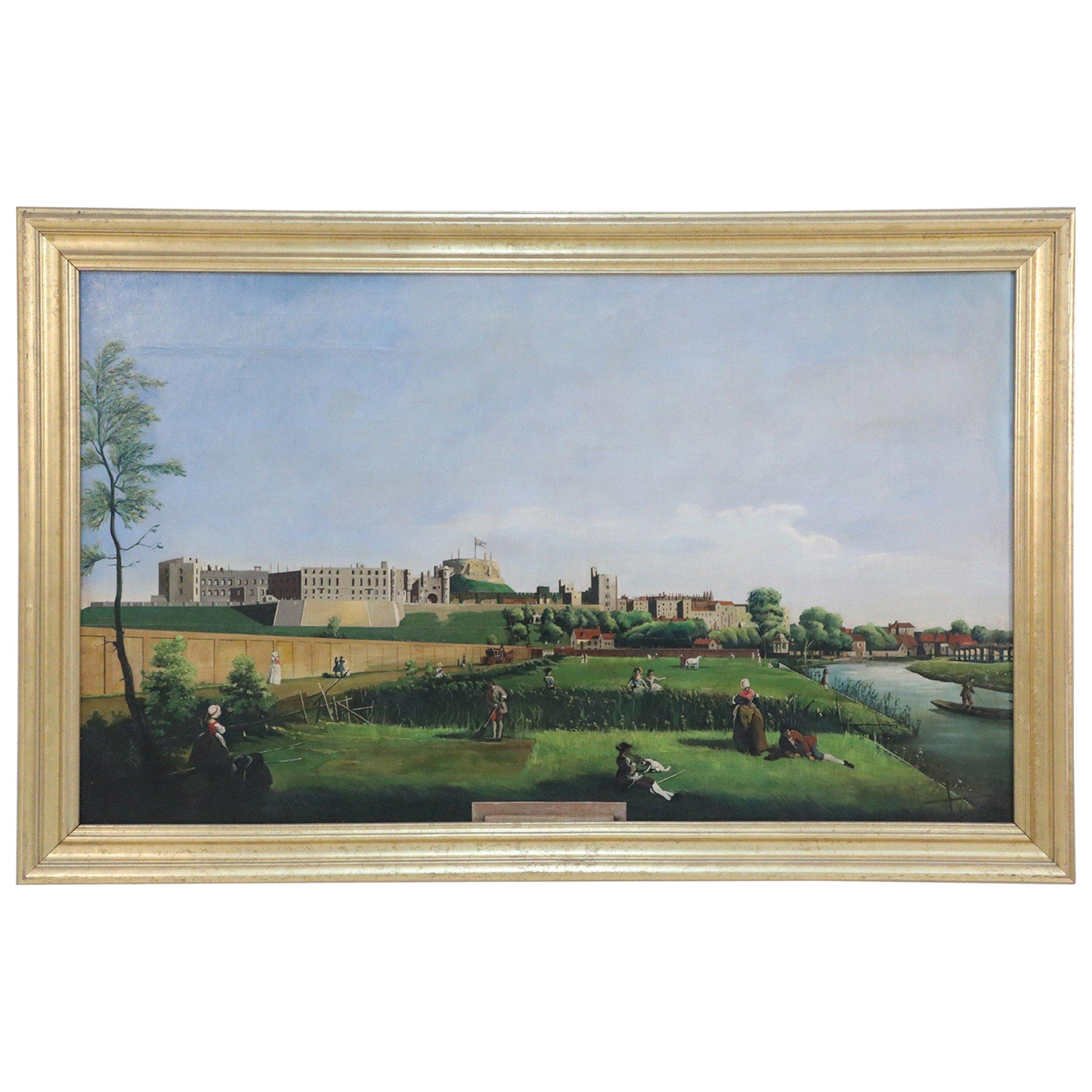 Peinture à l'huile encadrée d'un jardin colonial et d'une rivière