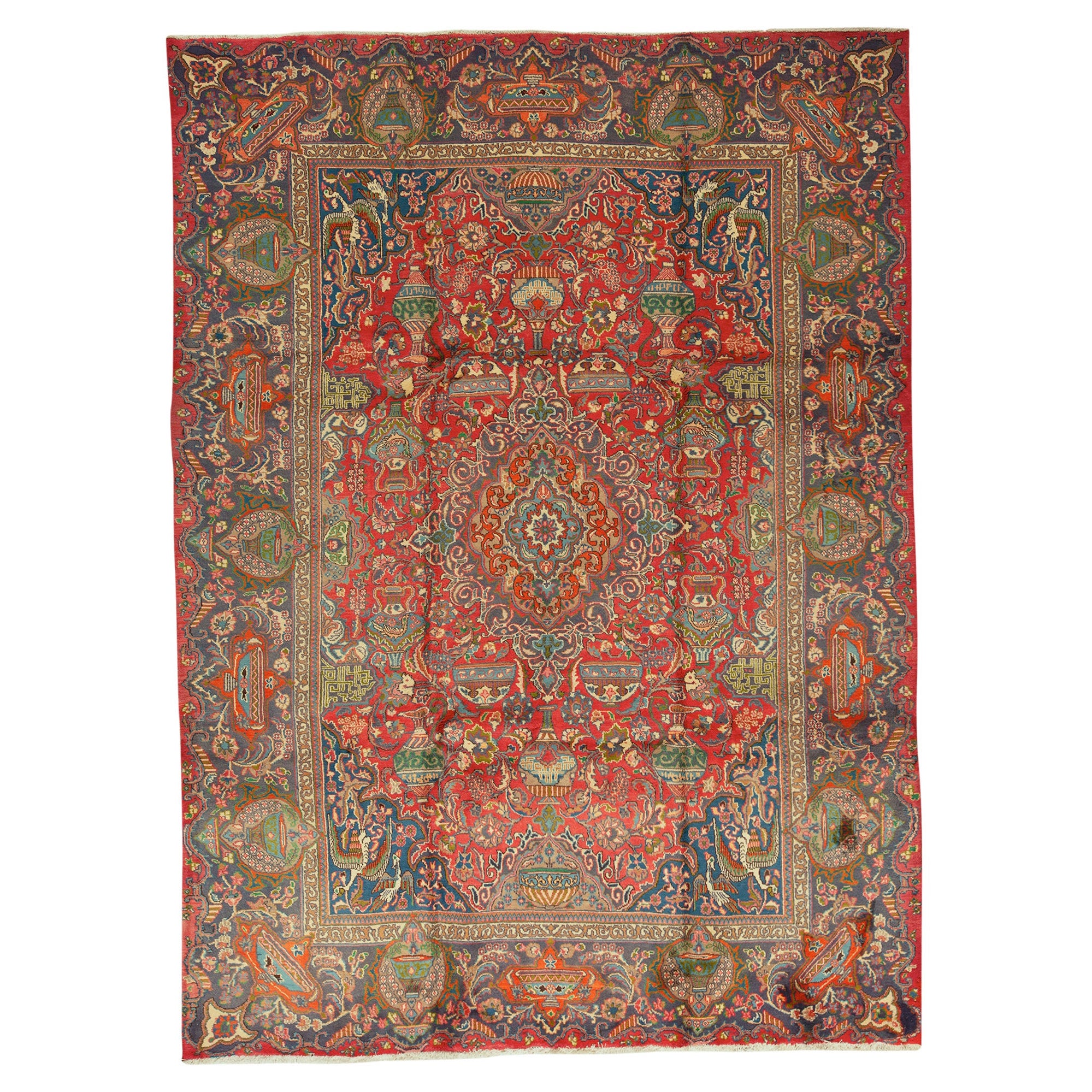 Ancien tapis persan traditionnel tissé à la main de luxe en laine rouge/bleu marine en vente