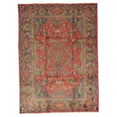 Ancien tapis persan traditionnel tissé à la main de luxe en laine rouge/bleu marine