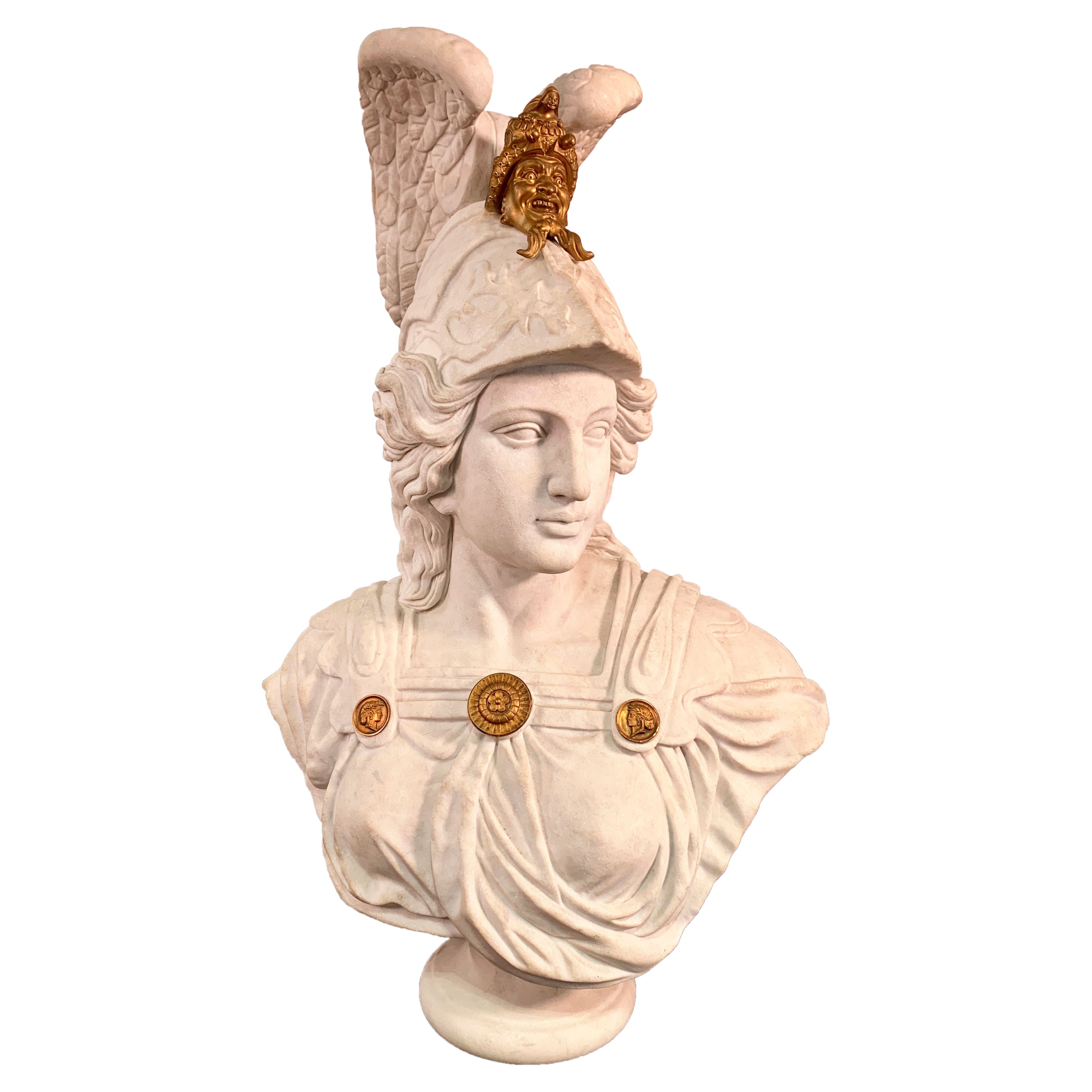 Large Marble and Bronze Bust of Minerva Goddess of Wisdom For Sale