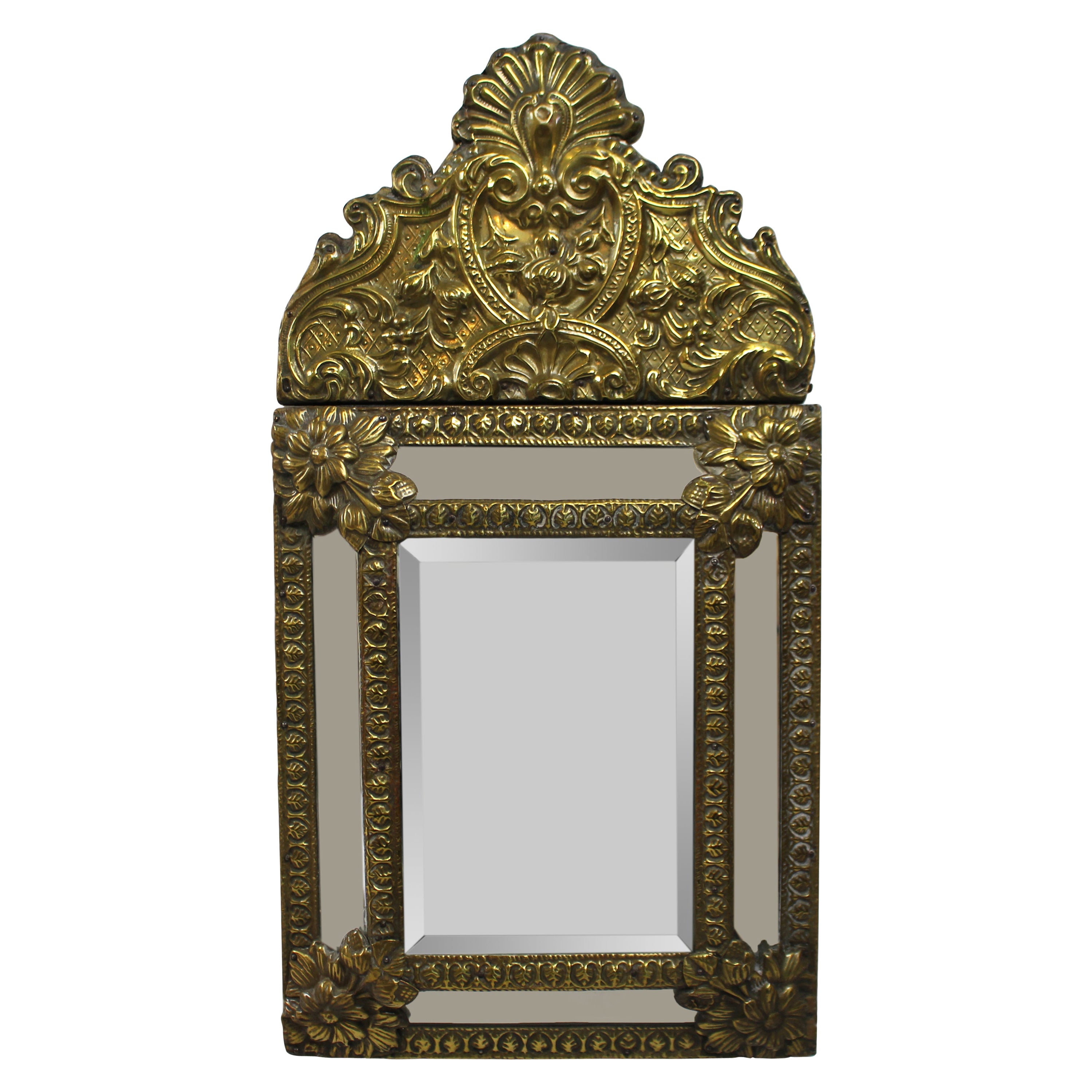 Small 19th C. French Repoussé Brass Cushion Mirror For Sale