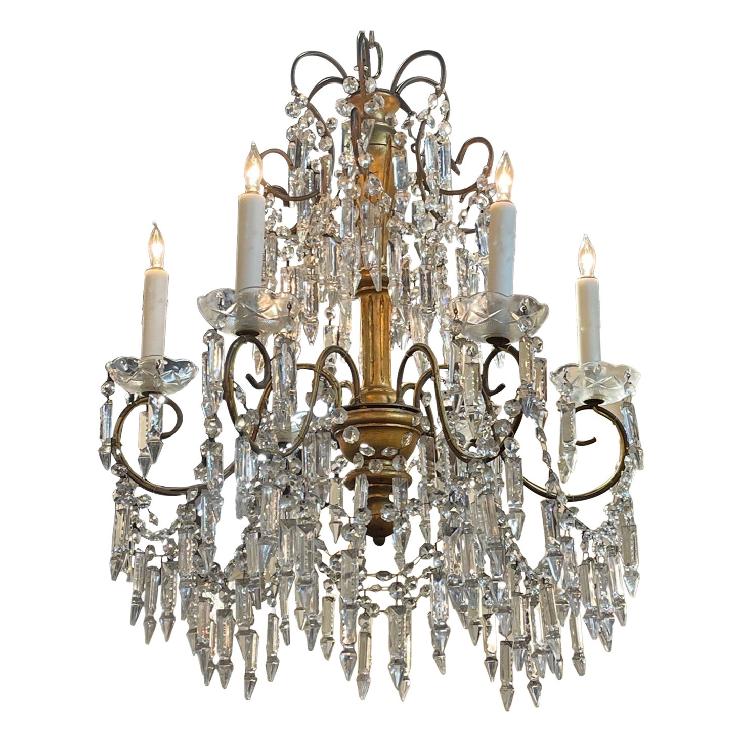 Antique Italian Crystal and Giltwood Chandelier