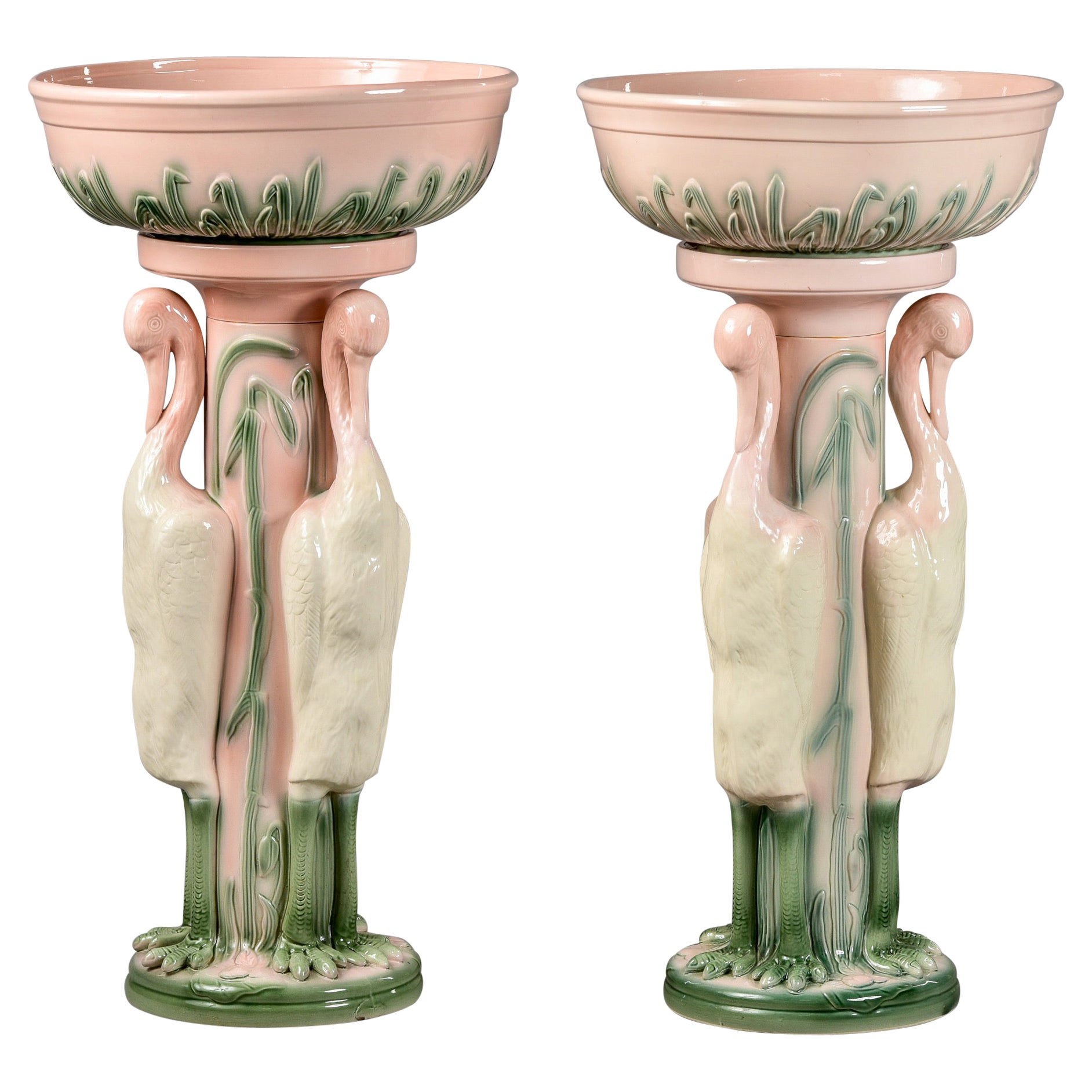 Pair of Tall Mid Century English Porcelain Flamingo Jardinieres