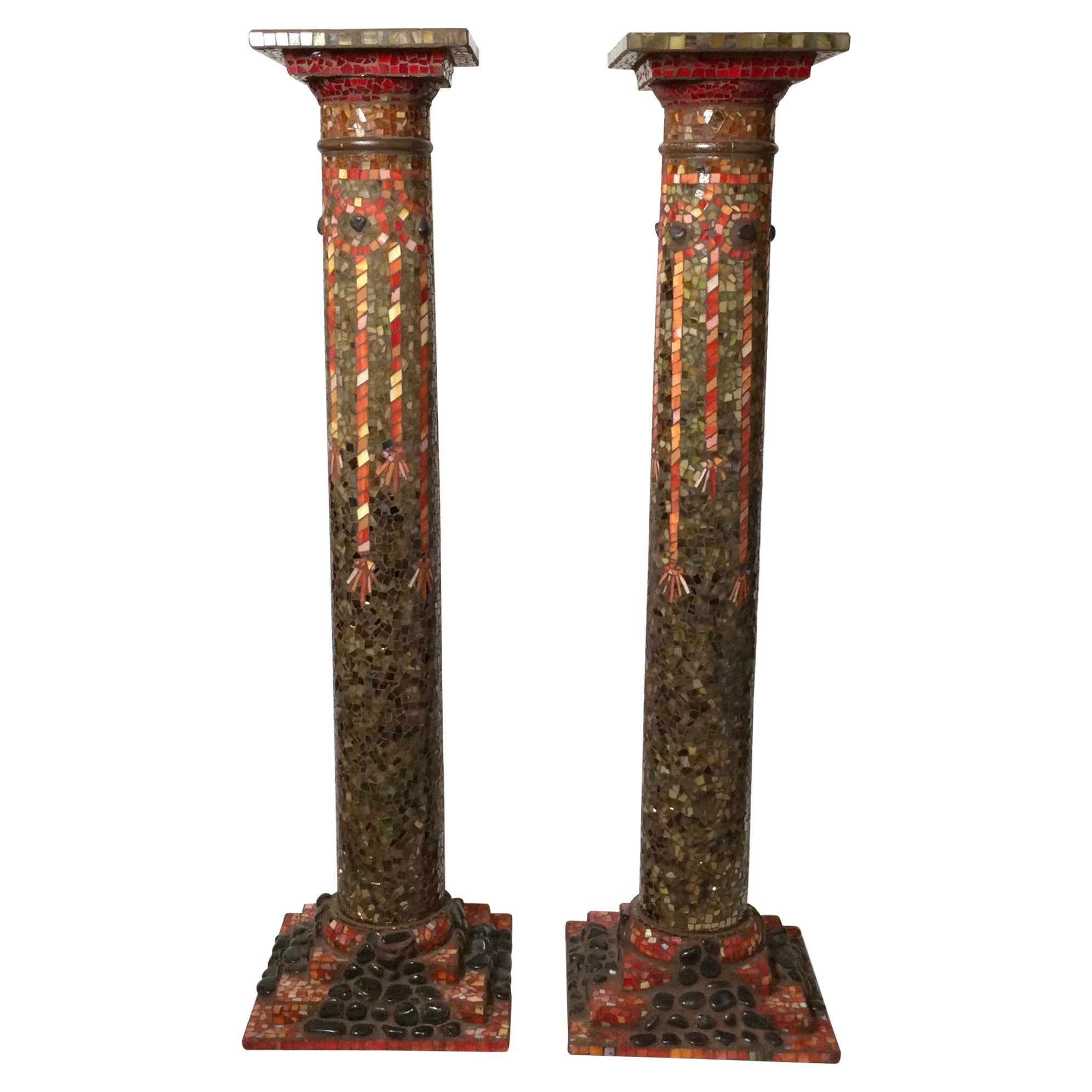 Pair of Hand Made Stone and Glass Mosaic Pedestal Columns