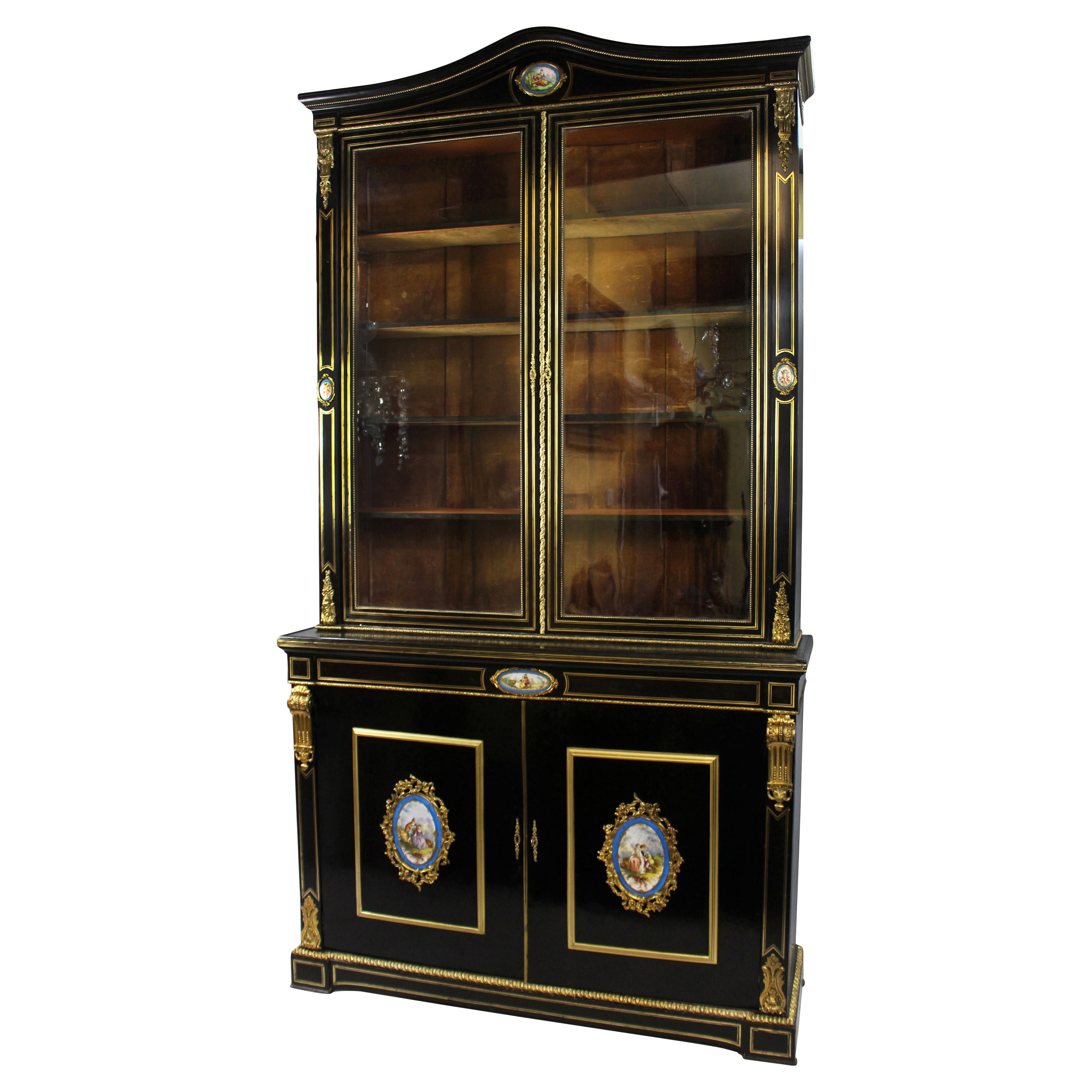 French Brass Inlaid Ebonized Bookcase with Sevres Plaques c.1820 For Sale