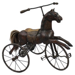 Antique Early 20th C. Carved Wooden Horse on Tricycle