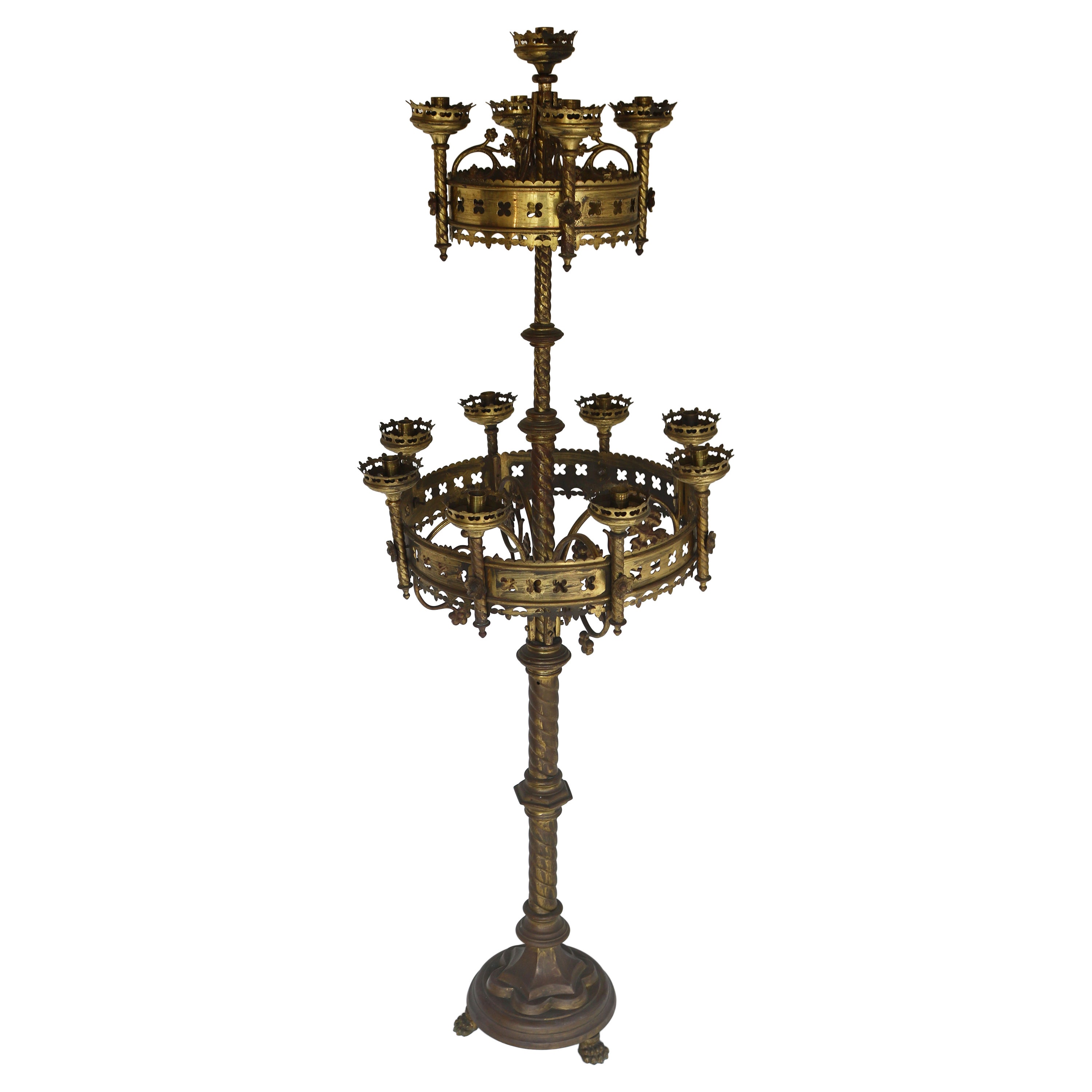 Large Antique Gothic Revival Church Candelabras 19th Century Brass Candlestick For Sale