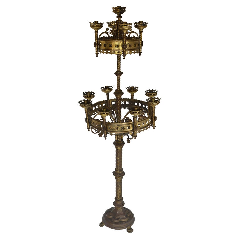 Large Antique Gothic Revival Church Candelabras 19th Century Brass  Candlestick For Sale at 1stDibs