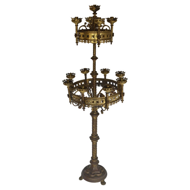 Large Antique Gothic Revival Church Candelabras 19th Century Brass Candlestick For Sale at