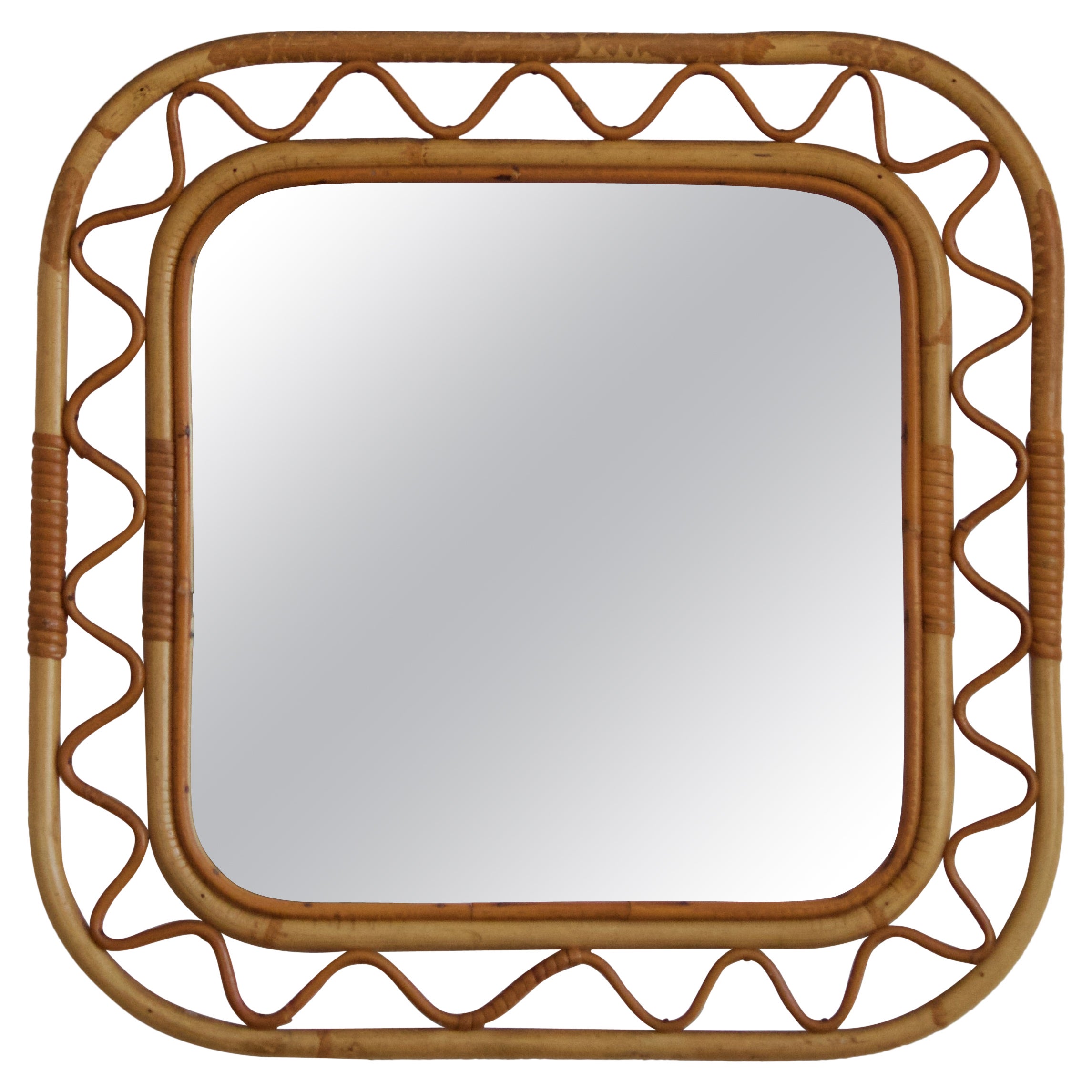 Swedish, Organic Wall Mirror, Woven Wicker, Bambo, Glass, Sweden, 1950s
