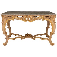 Table centrale italienne Louis XV du 19ème siècle en bois doré et marbre