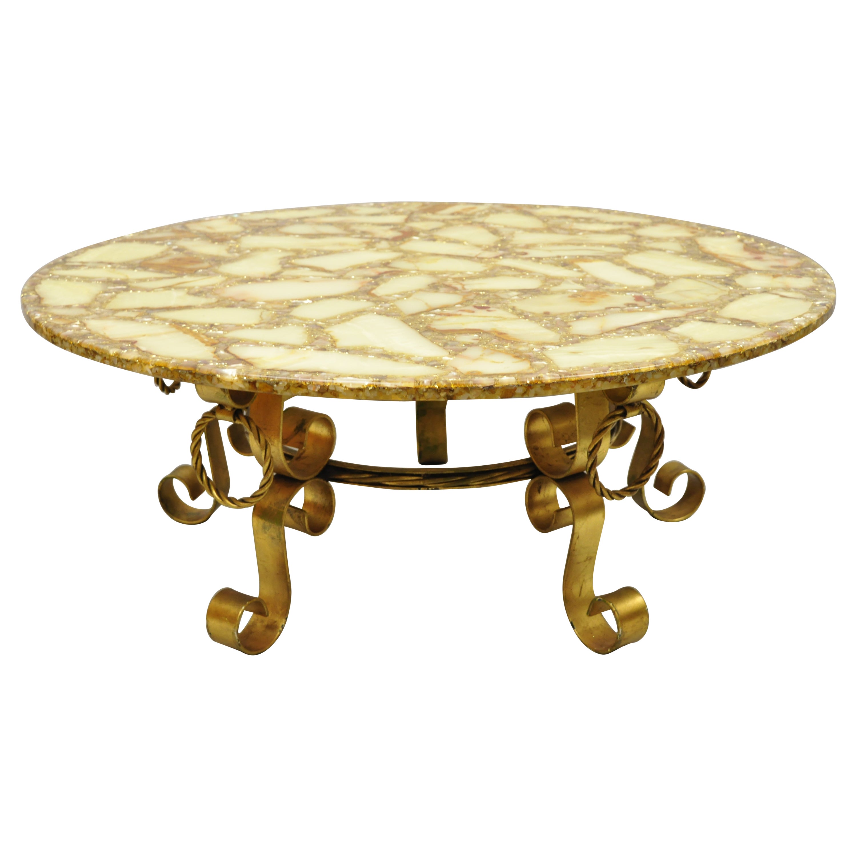 Hollywood Regency Gold Iron Scroll Agate Stone Specimen Resin Top Coffee Table For Sale