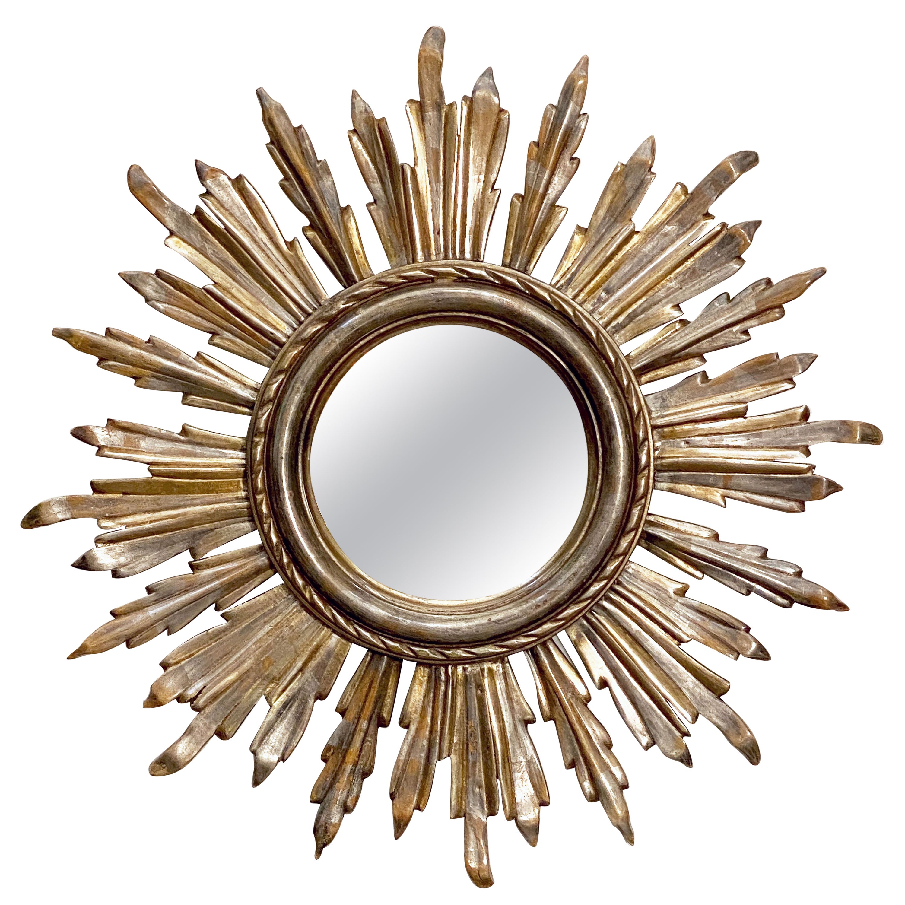 Miroir français en forme d'étoile de soleil ou d'étoile en or et argent doré (diamètre 21)