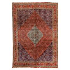 Ancien tapis persan traditionnel tissé à la main de luxe en laine rouge/bleu marine