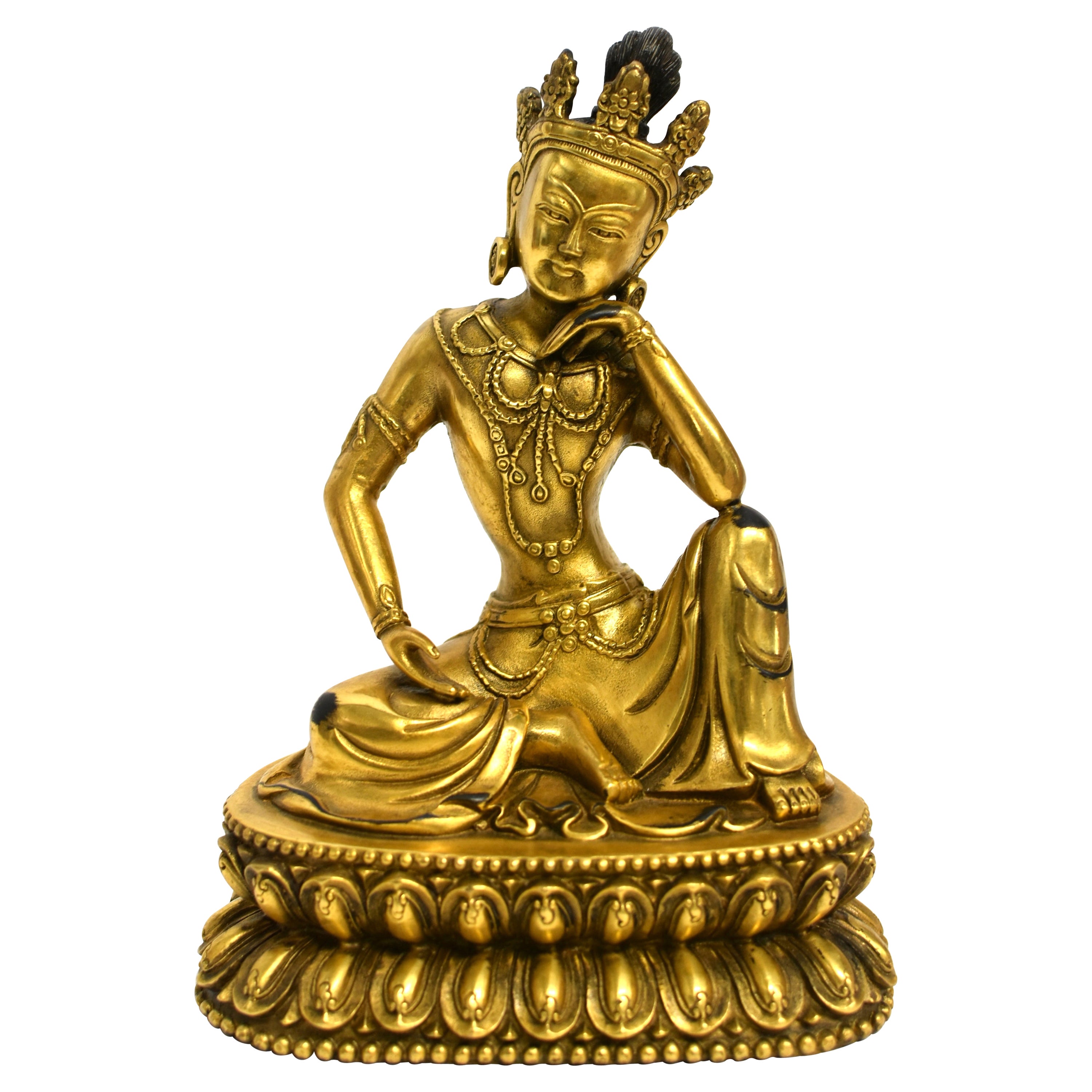 Vergoldete Bronze Tibetische Wasser Mond Guan Yin Avalokiteshvara Statue aus Bronze im Angebot