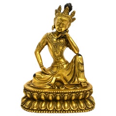 Vintage Gilt Bronze Tibetan Water Moon Guan Yin Avalokiteshvara Statue