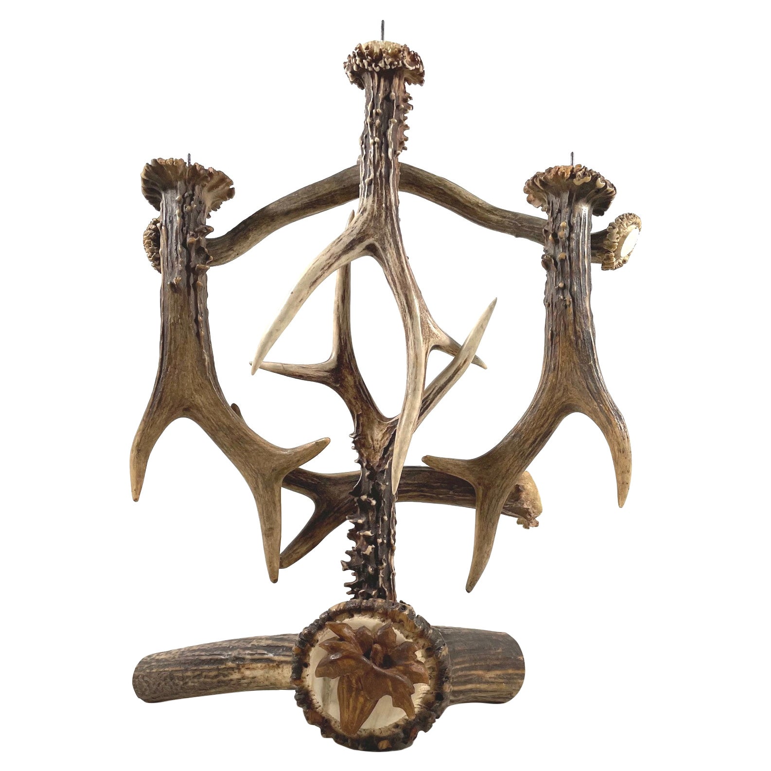 Antler Candelabra, 3-Armed with Wood Carved Enzian Flower Medallion For Sale