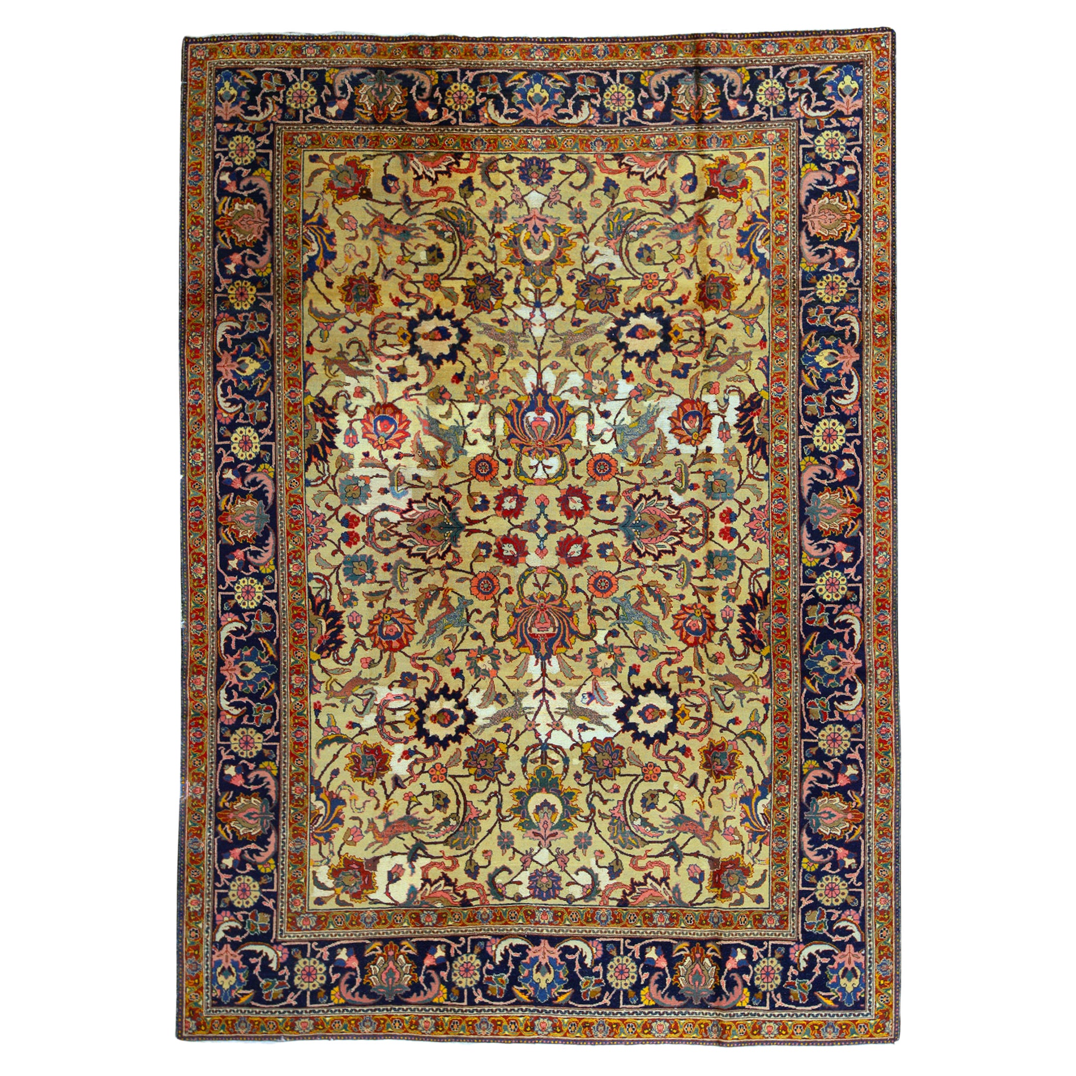 Antique Persian Fine Traditional Handwoven Luxury Wool Gold / Navy Rug For Sale