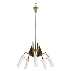 Italian Vintage Wood, Brass and Glass Five Arm Chandelier
