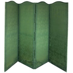 Antique Four Panel Green Damask Screen with Blue Trim