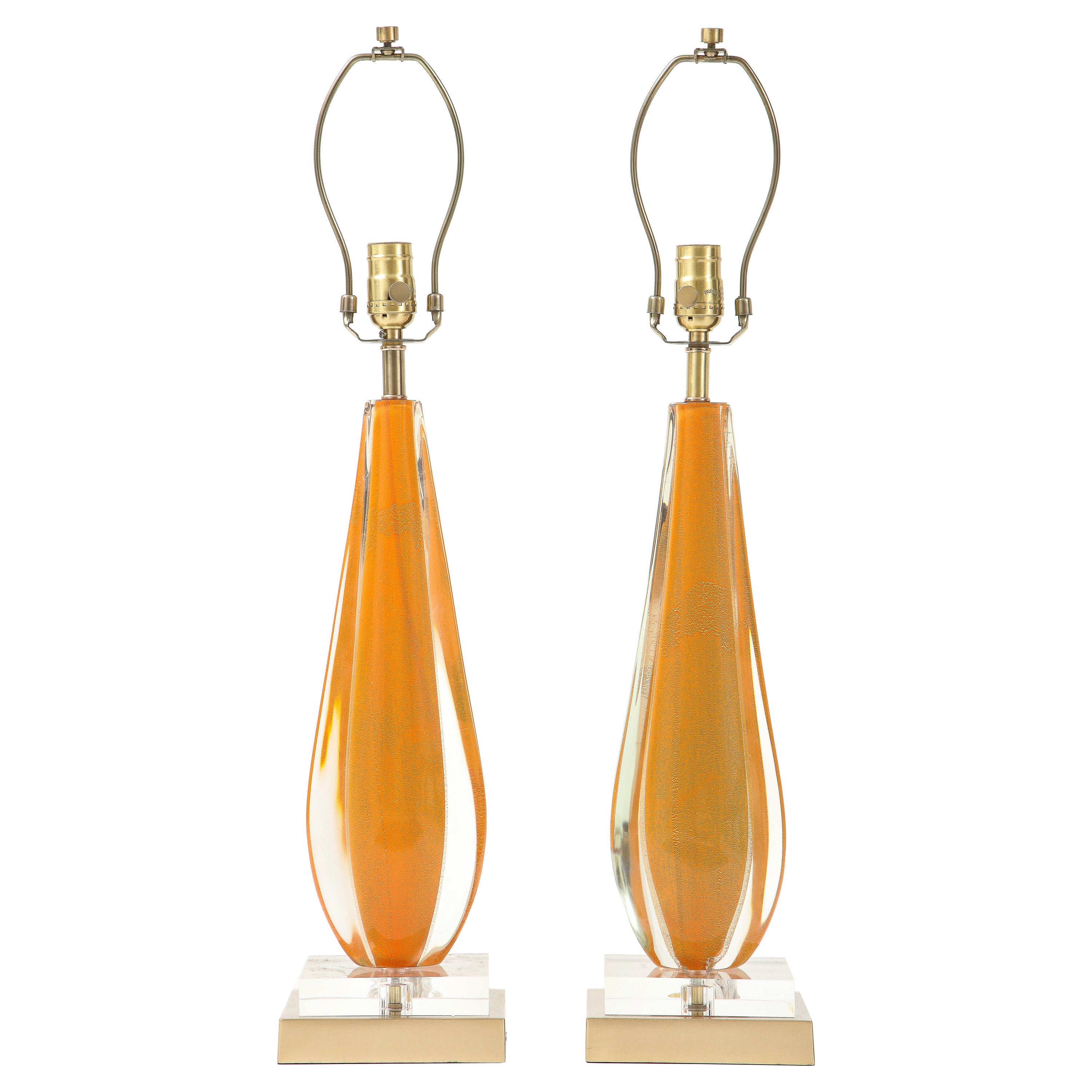 Flavio Poli, Seguso Melon Color Murano Glass Lamps