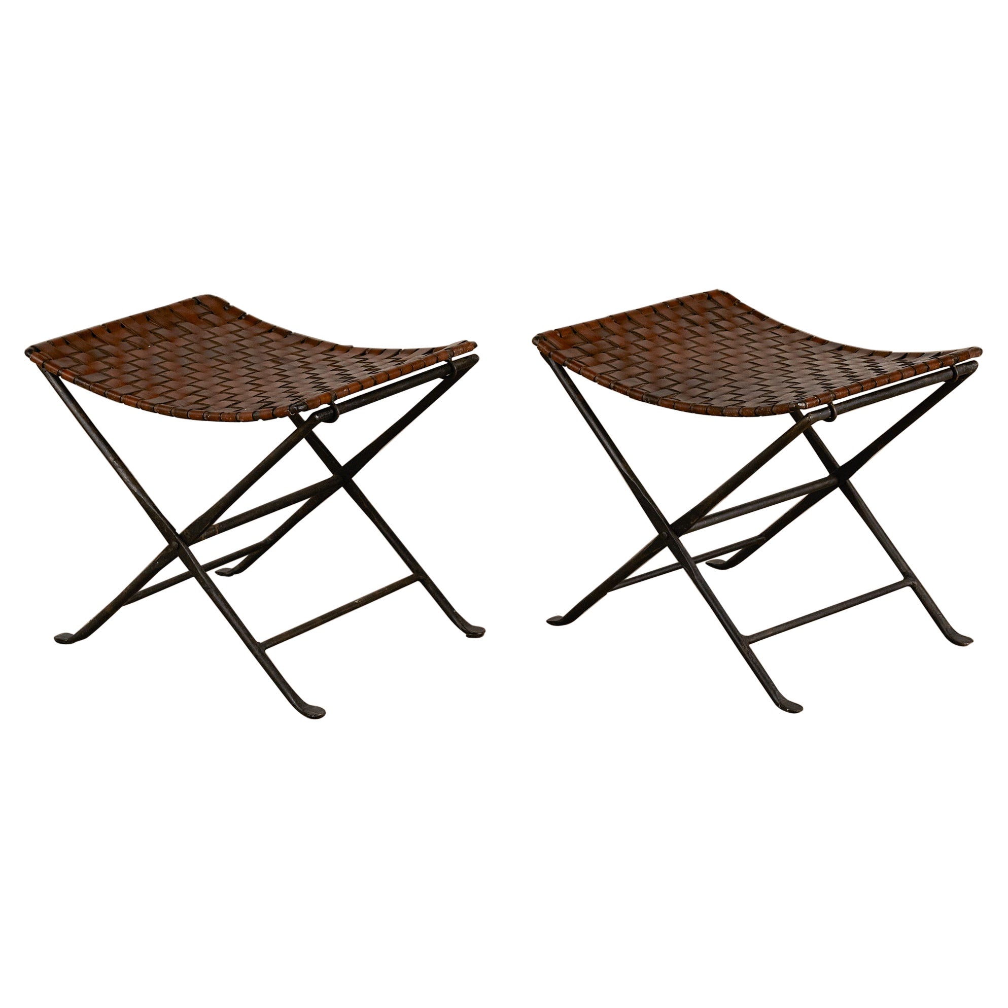 Pair of Woven Leather Folding Stools