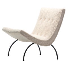 Vintage Milo Baughman Scoop Chair in Super Soft Ivory Bouclé with Iron Legs c. 1950s 