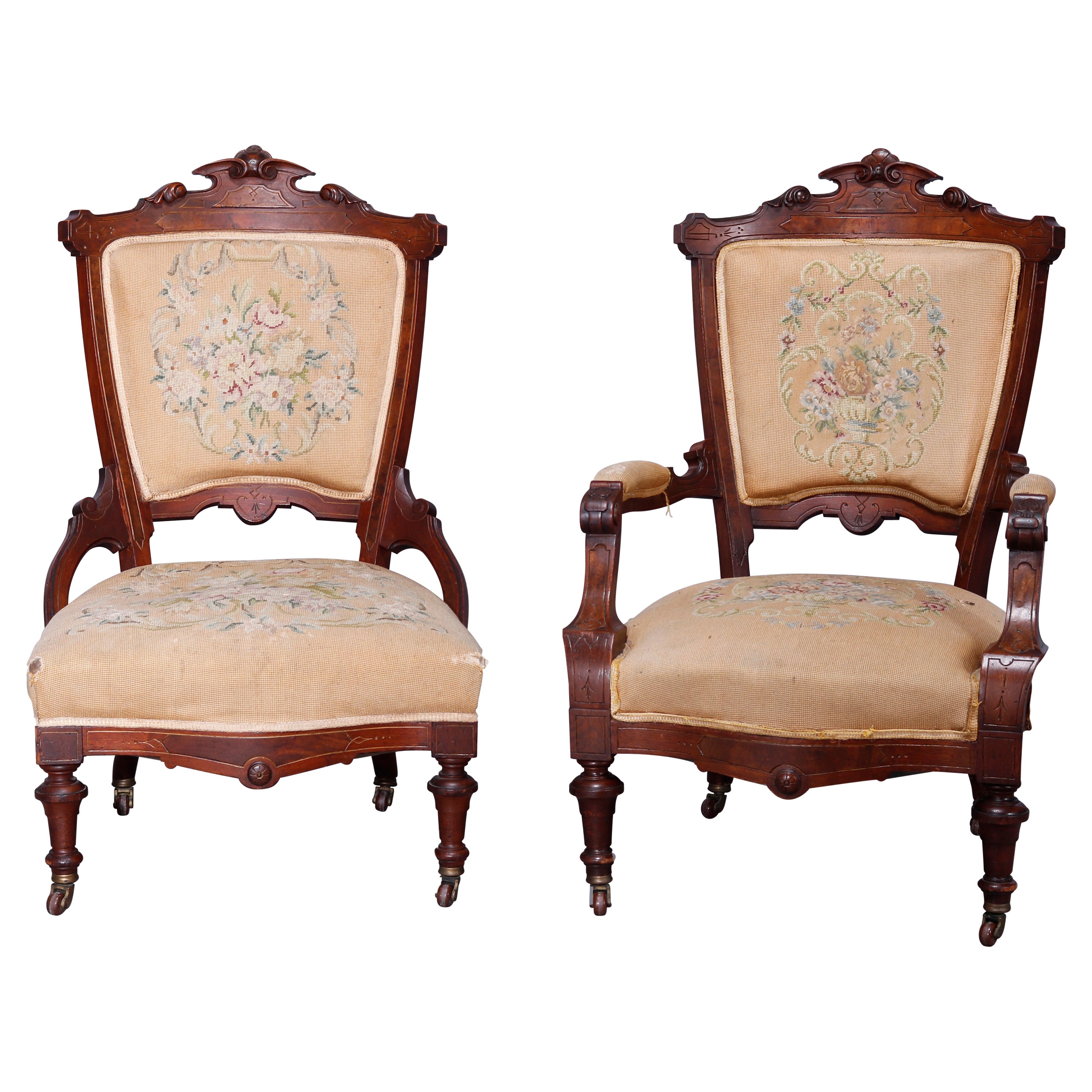 Antique Renaissance Revival Walnut, Burl & Needlepoint Parlor Chairs, c1890 For Sale