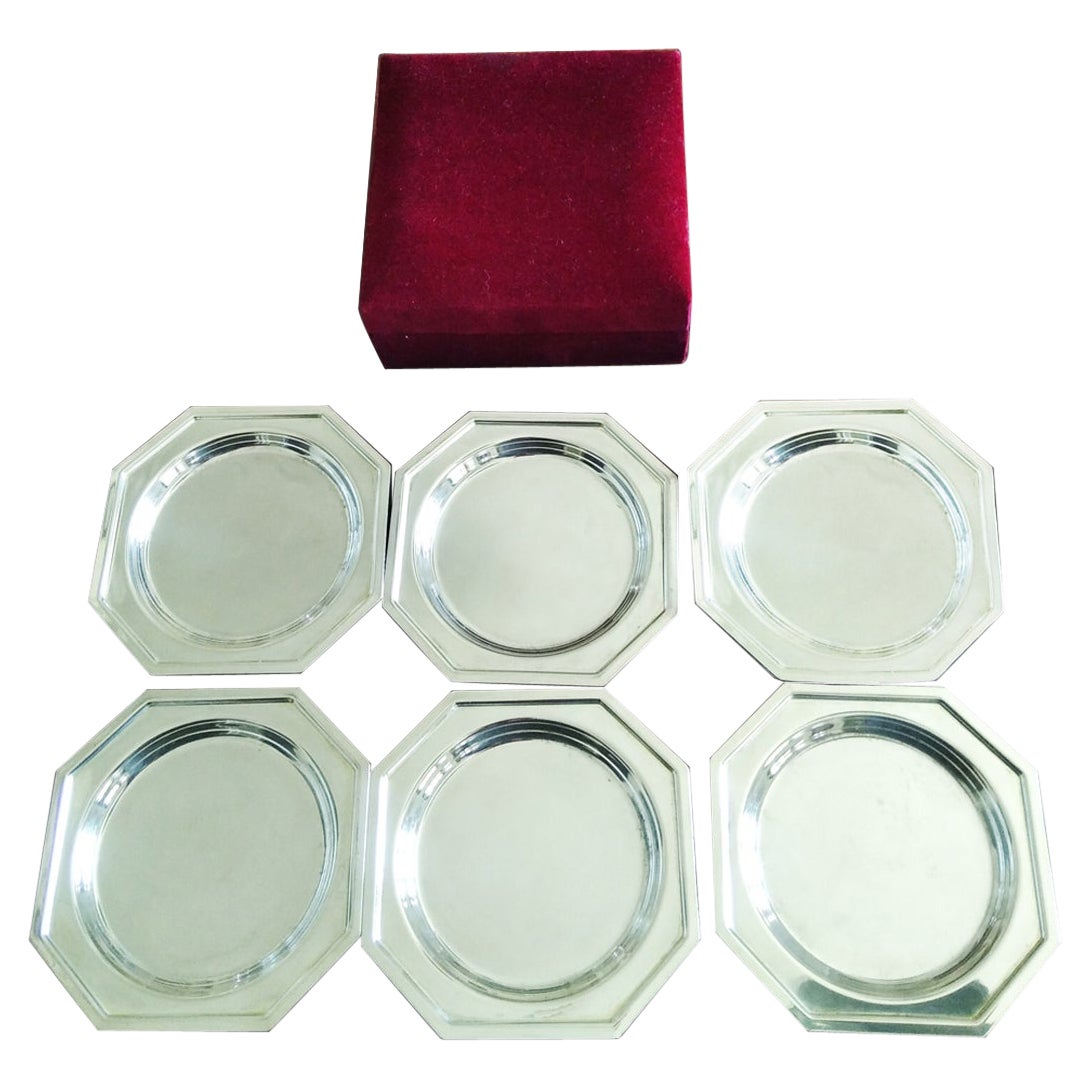 6 Silver Coasters With Velvet Case, Midcentury For Sale