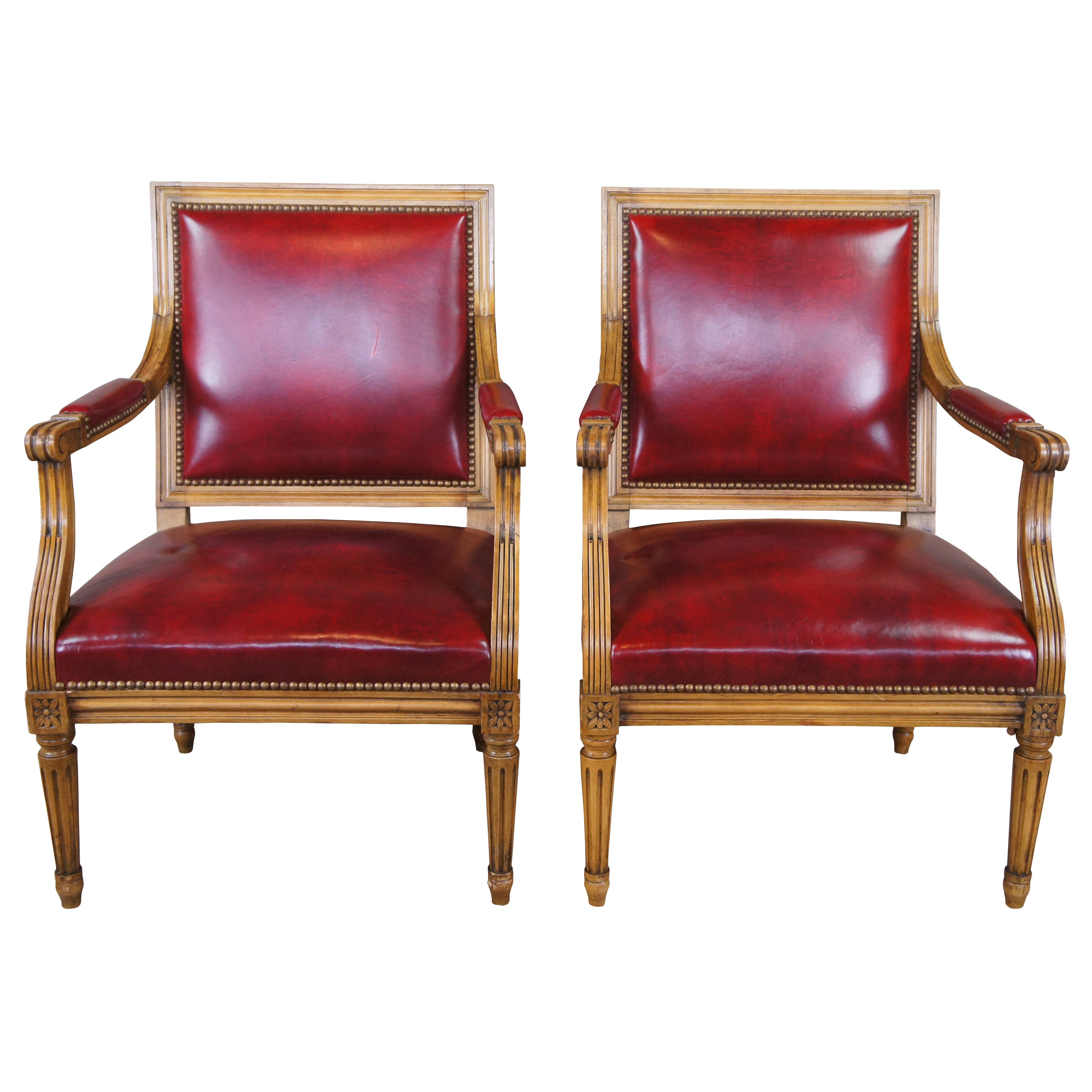 2 Vintage French Louis XVI Walnut & Red Leather Office Library Club Arm Chairs