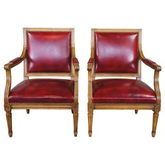 2 Used French Louis XVI Walnut & Red Leather Office Library Club Arm Chairs