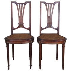 2 Antique French Louis XVI Solid Walnut Caned Side Chairs Bronze Mounts Pair